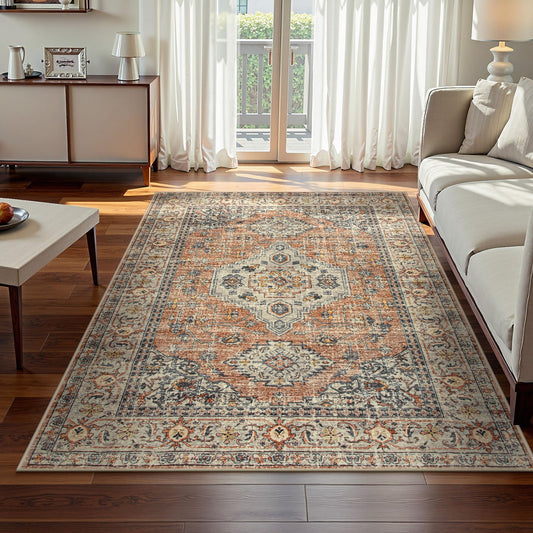 Lahome Oriental Washable Rugs 5x7, Soft 5x7 Rug for Bedroom Living Room, Ultra-Thin Non Slip Stain Resistant Vintage Throw Carpet for ‎Dining Room Office Eleanor, Peach/Orange