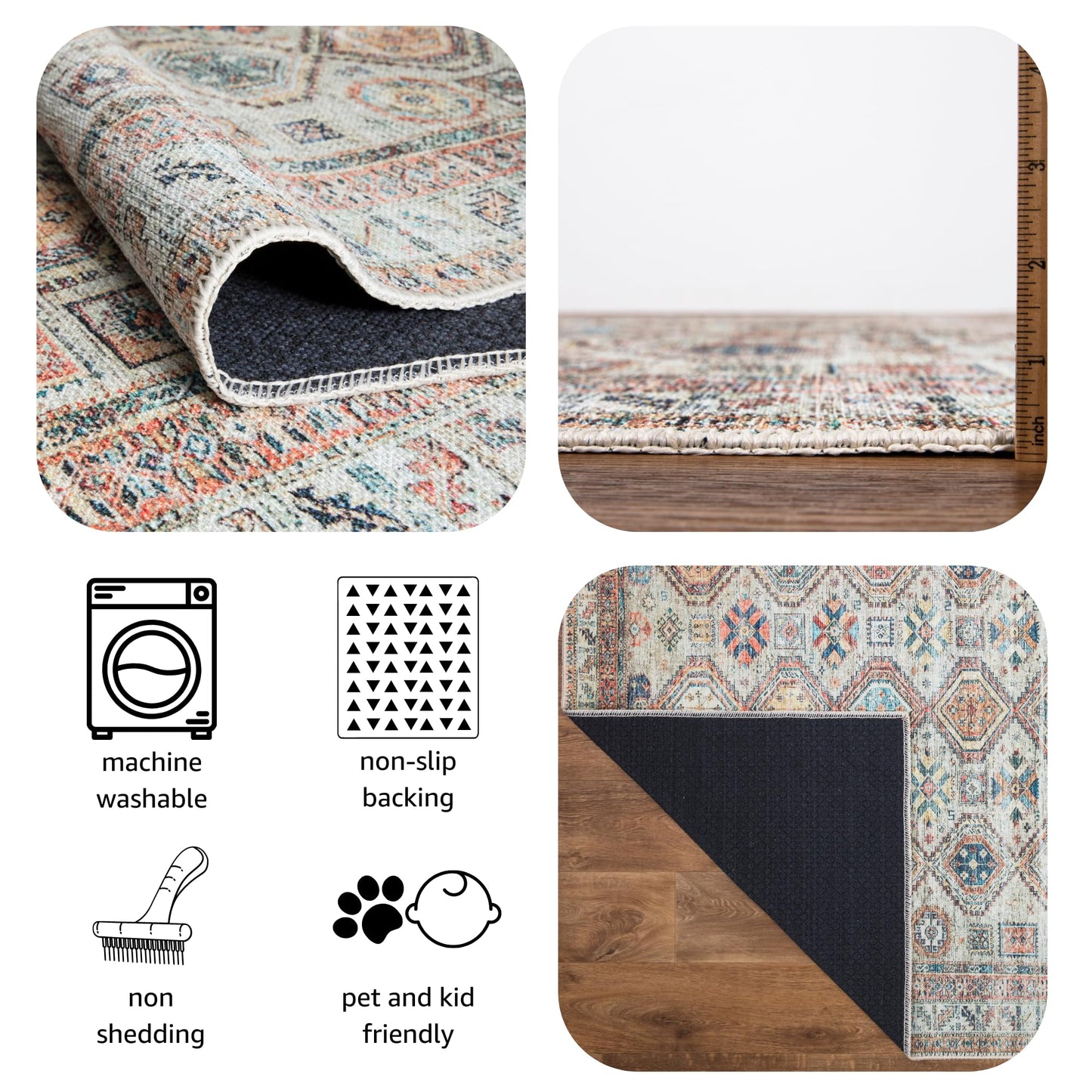 Keen Home Design 48"x72" Rug - Machine Washable Area Rug with Non-Slip Backing, Ideal for Living Room, Dining Room, Bedroom - Vintage, Easy Clean, Durable, Low Pile Rug - (4' x 6')
