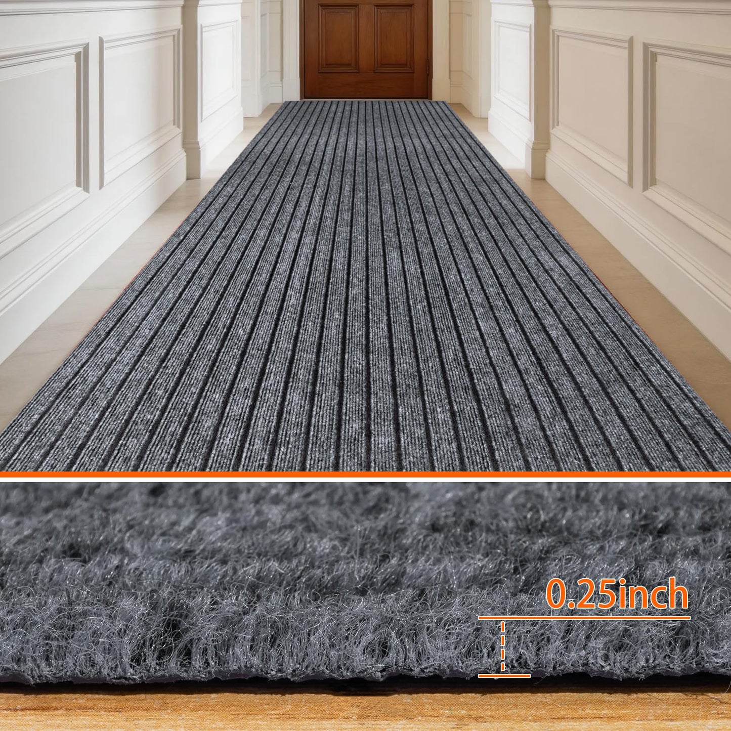 Indoor Outdoor Runner Rug 3 x 10 ft, Gray Non Slip Rubber Backed Floor Runner, Low Profile Area Carpet for Hallway, Kitchen, Entryway, Balcony, Garage, Stairs & Laundry, Stripe