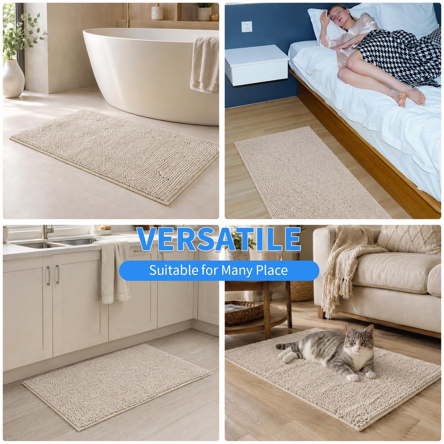 Avrilo Plush Chenille Bath Rugs Extra Soft and Absorbent Microfiber Bath Mat for Tub/Bedroom/Doorway/Kitchen/Balcony, 24" x 16", Beige