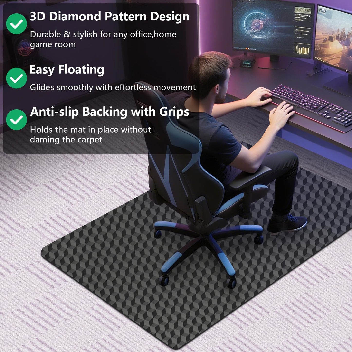 AiBOB Office Chair Mat for Carpet, 60"x48"Gaming Computer Desk Mat for Low Pile Carpet, Heavy Duty Floor Protector Mat for Rolling Chairs, Easy Glide Chair Mat for Home Office