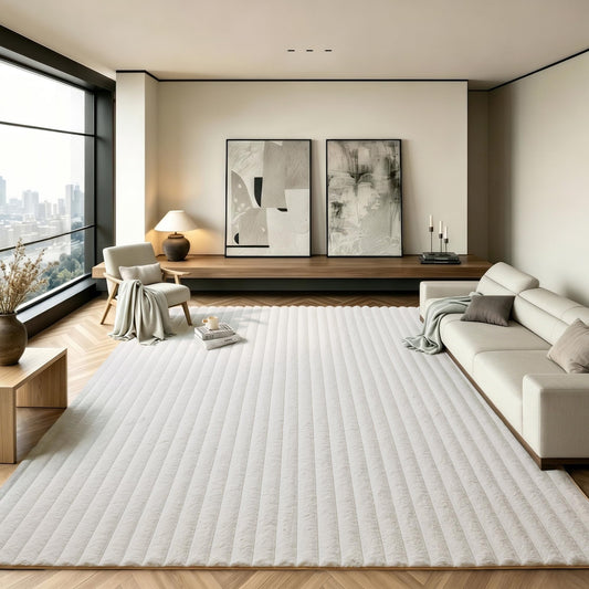 White Rabbit Striped Plush Rug 8'x10', Fluffy Shaggy Area Rug for Nursery & Kids Room, Faux Fur Carpet for Girls Bedroom, Living Room, Teen Decor