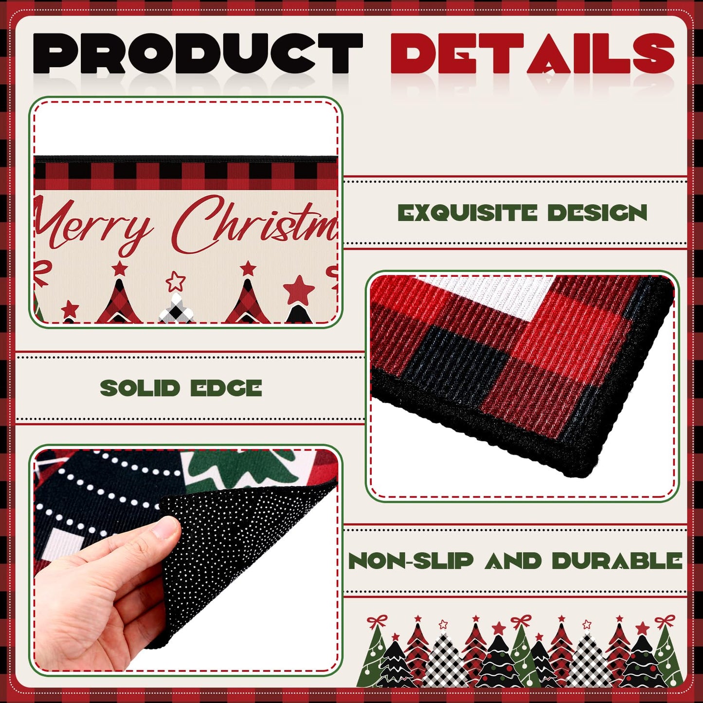 Tinideya 3 Pcs Christmas Tree Kitchen Rug Christmas Buffalo Plaid Kitchen Mats Set Xmas Tree Rugs Indoor Washable Carpet for Home Floor Winter Decor, 16 x 24 Inch and 16 x 47 Inch
