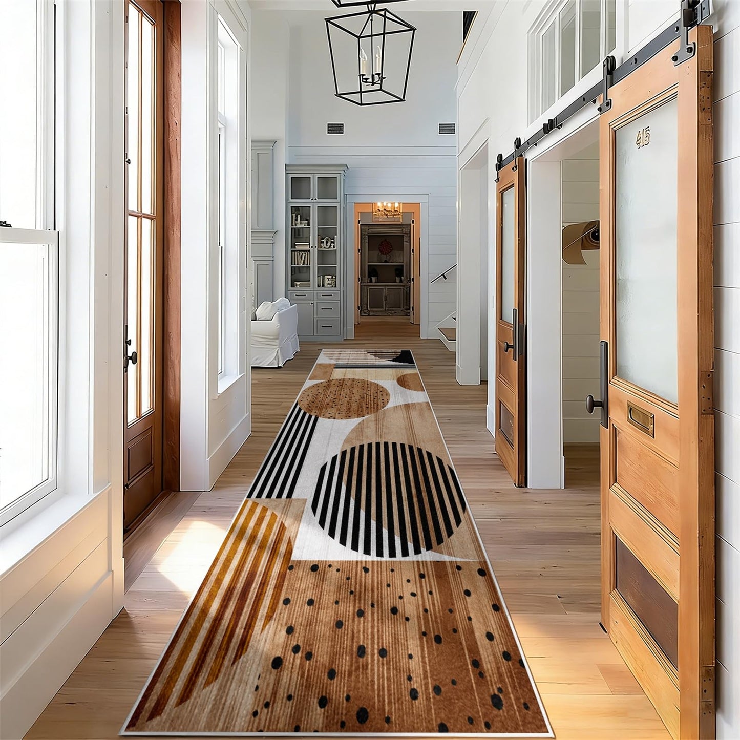 Modern Abstract Geometric Runner Rug 3.3x7ft,Mid Century Circles and Stripes Hallway Carpet, Luxury Earth Tone Long Floor Mat, Machine Washable Non-Slip Entryway Rug for Living Room, Bedroom