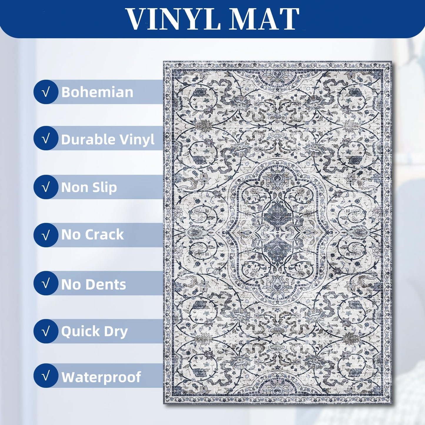 SALLOUS Floor Mat for Home, 5' x 7' Waterproof Area Rug for Living Room, Vinyl Area Rug for Bedroom, Slip Resistant Hard Floor Protector Mat for Kitchen, Bathroom, Entryway (Grayish Blue Bohemian)