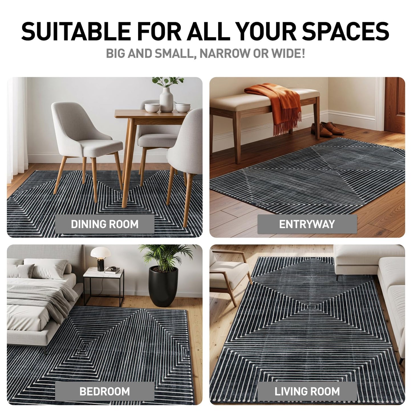 Rugshop Marbella Bohemian Stripes Washable Non Slip Area Rug 9'x12' Black