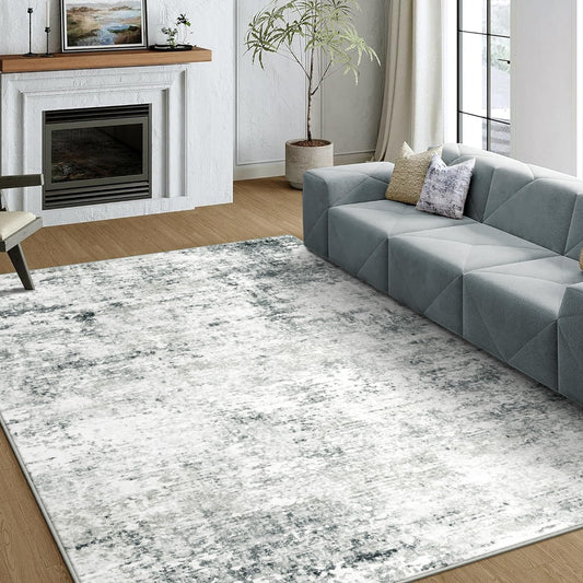 5x7 Machine Washable Area Rug for Living Room, Grey Modern Vintage Abstract Rug Large Non-Slip Low Pile Soft Faux Wool Carpet, Kids and Pets Friendly for Bedroom Dining Room Farmhouse Home Decor Rug