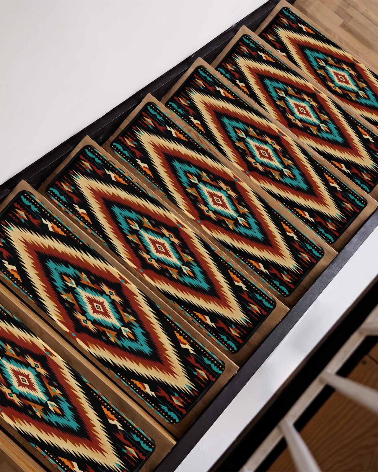 Colorful Boho Aztec Stair Treads for Wooden Steps Indoor Runner Rug Carpet, Rustic Southwestern American Art 15 Pieces Peel and Stick Staircase Step Treads Covers Washable Throw Door Mats, 30"x8"