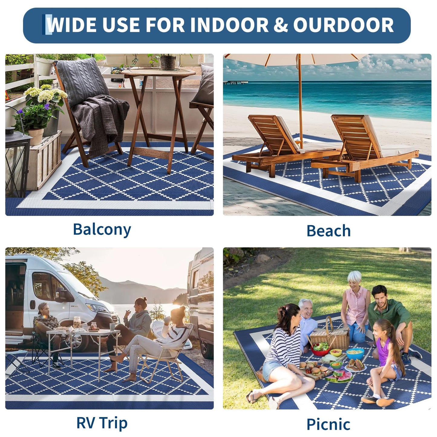 GAOMON Outdoor Plastic Straw Rug 9x18 Waterproof Patio Rug Reversible Camping Mat, Foldable Portable RV Picnic Carpet with Bag & 4 Stakes, UV Resistant Outside Carpet for Deck Balcony, Navy