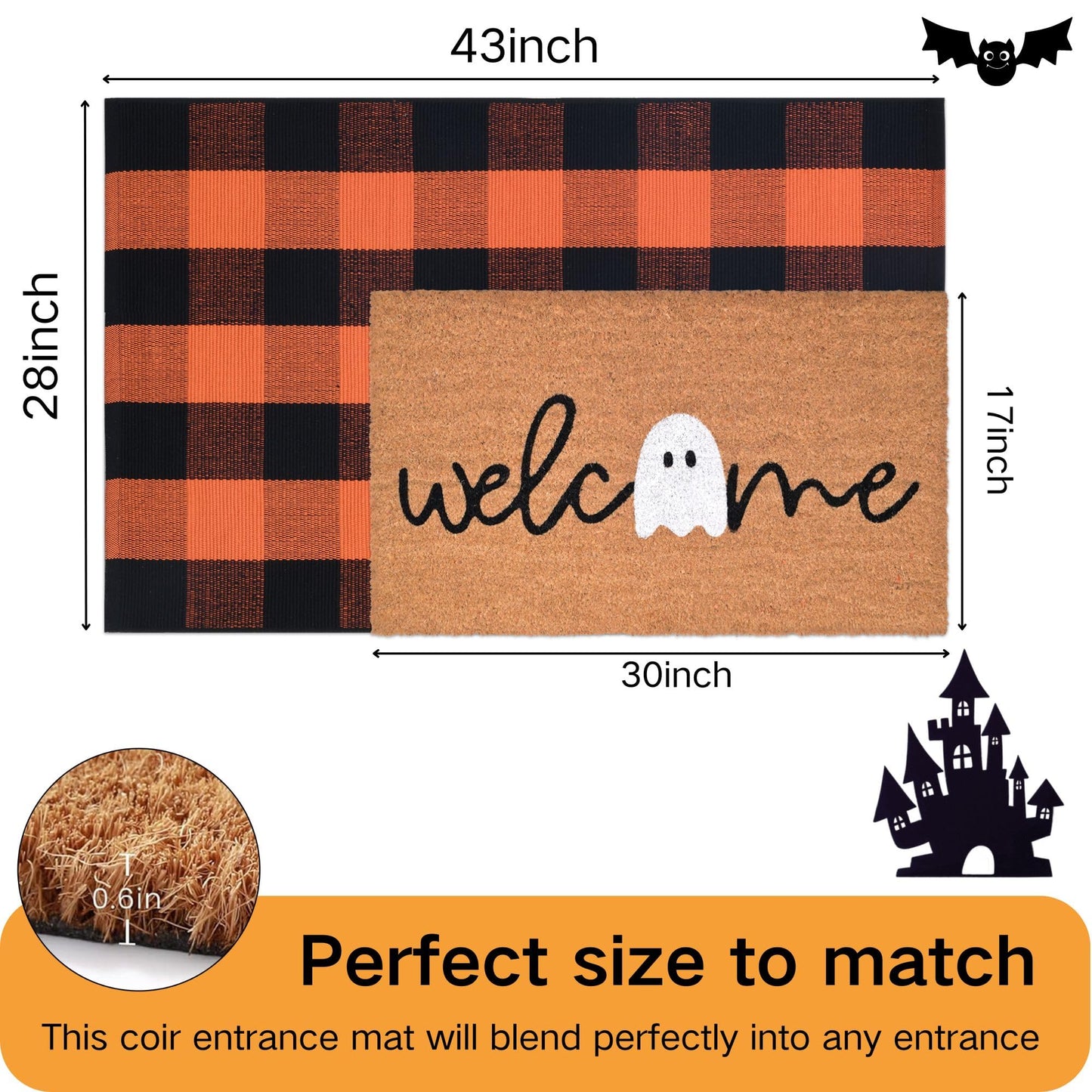 Halloween Decor Doormat Combo Set, Welcome Ghost Coco Coir Welcome Mat + 28" x 43" Orange and Black Plaid Rug, Autumn Halloween Front Porch Entryway Decor Floor Mat