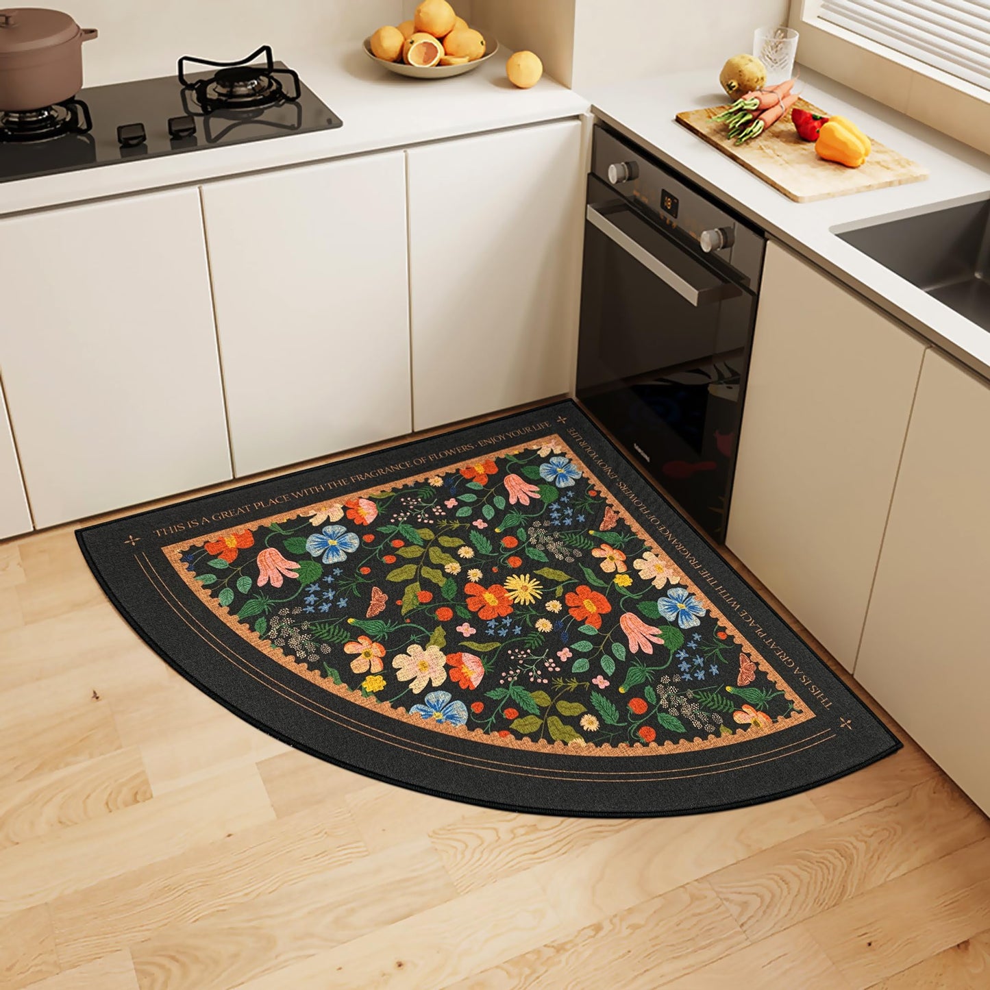 SHIYUE Triangle Corner Rug Kitchen Rugs Washable Non Slip Area Rug Water, Comfort Soft Rubber Standing Sink Mat Bathroom and Bedroom Laundry Mat(32in Flower Park)