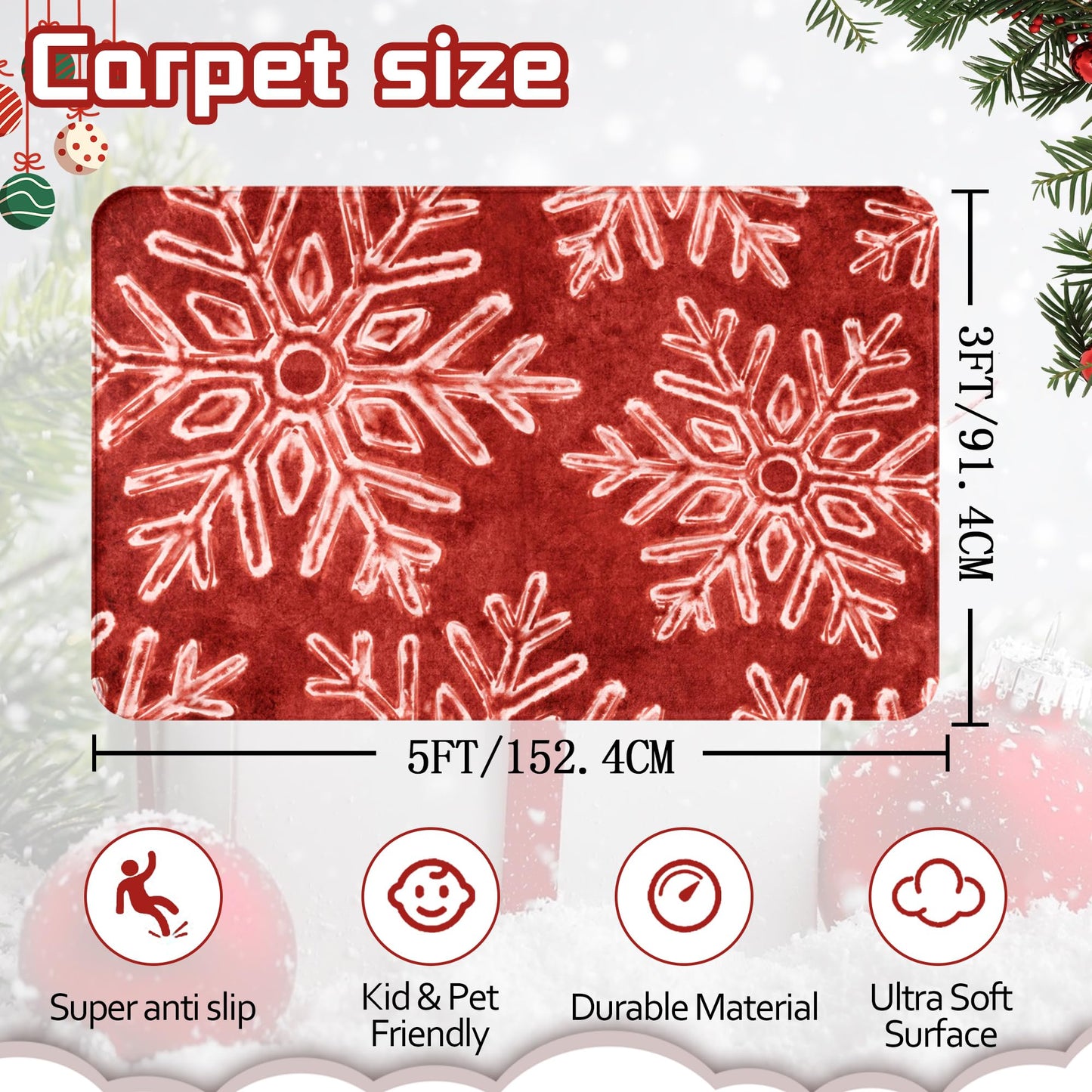 Christmas Area Rug Snowflake Winter Area Rugs Christmas Decorative Rug Xmas Throw Carpet Washable Non Slip Holiday Rug for Entryway Bedroom Living Room Laundry Room Indoor Red 3 x 5 FT