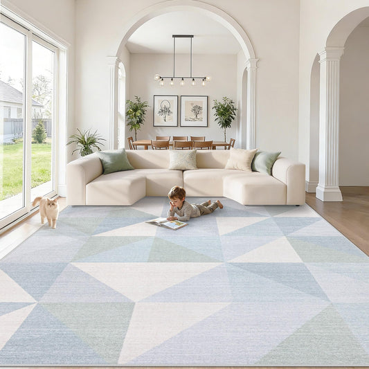 Washable Rug 8x10 Area Rugs: Modern Geometric Area Rug for Living Room Non-Slip Neutral Soft Carpet Low Pile Stain Resistant Indoor Rugs for Bedroom Nursery Dining Room Office (Light Blue, 8'X10')
