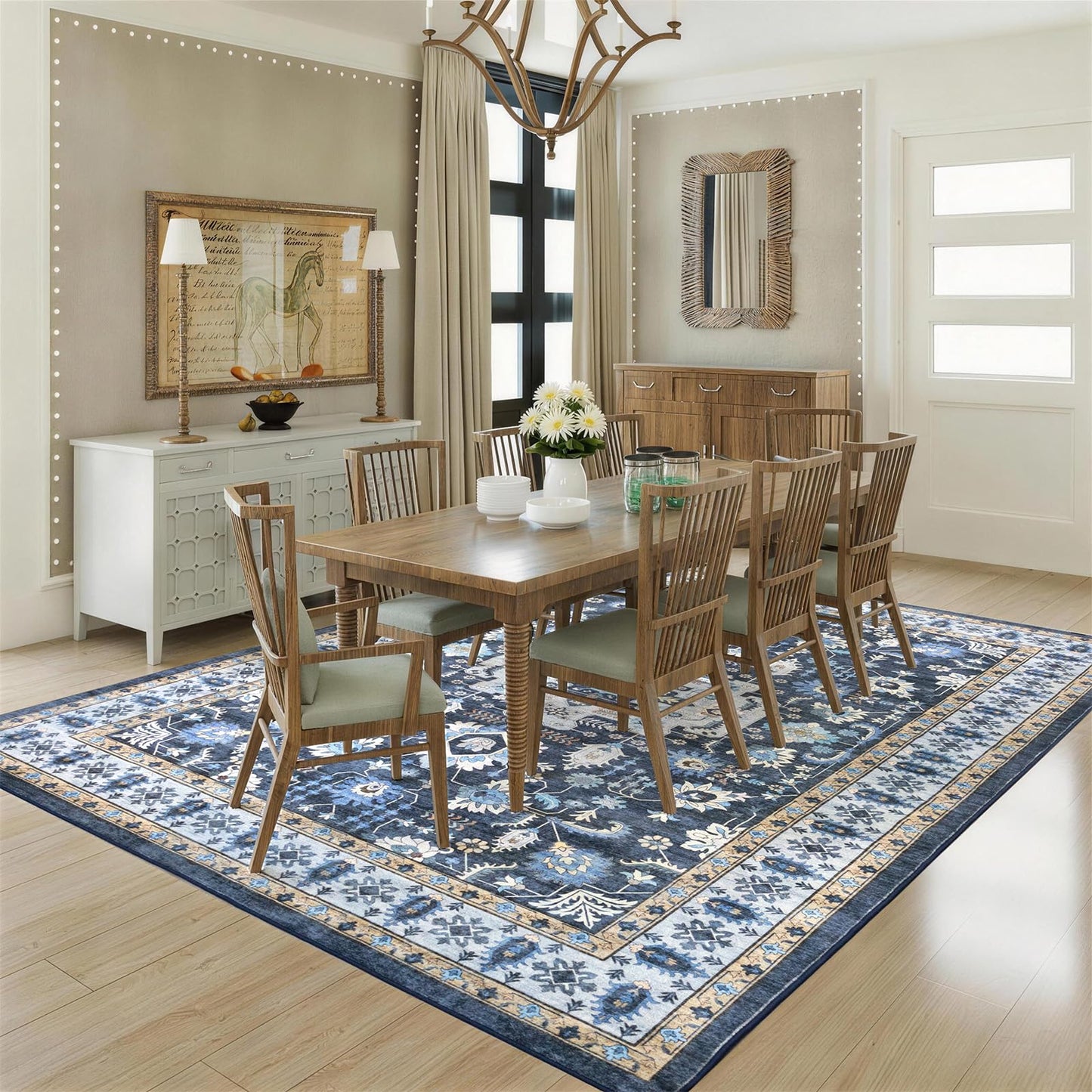Trsury 8x10 Washable Living Room Area Rug, Boho Dark Blue Floral Medallion Low Pile Non-Slip Throw Rugs, Ultra Thin Foldable Carpet Under The Table for Bedroom,Dining Room,Playroom