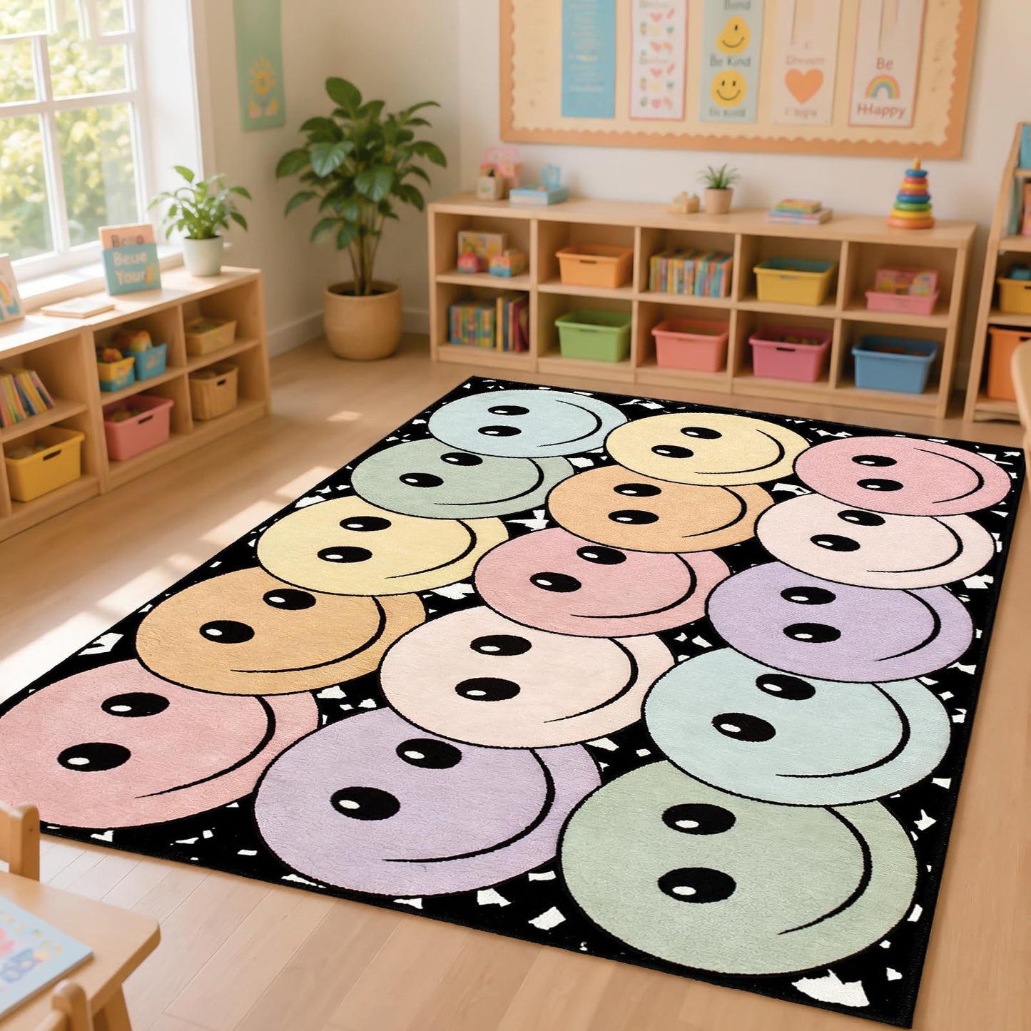5' x 7' Composition Notebook Classroom Rug Pastel Smiley Face Seating Carpet for Kids, Washable Non-Slip Educational Area Rugs Large Soft Play Mat for Kindergarten Nursery Playroom Decor