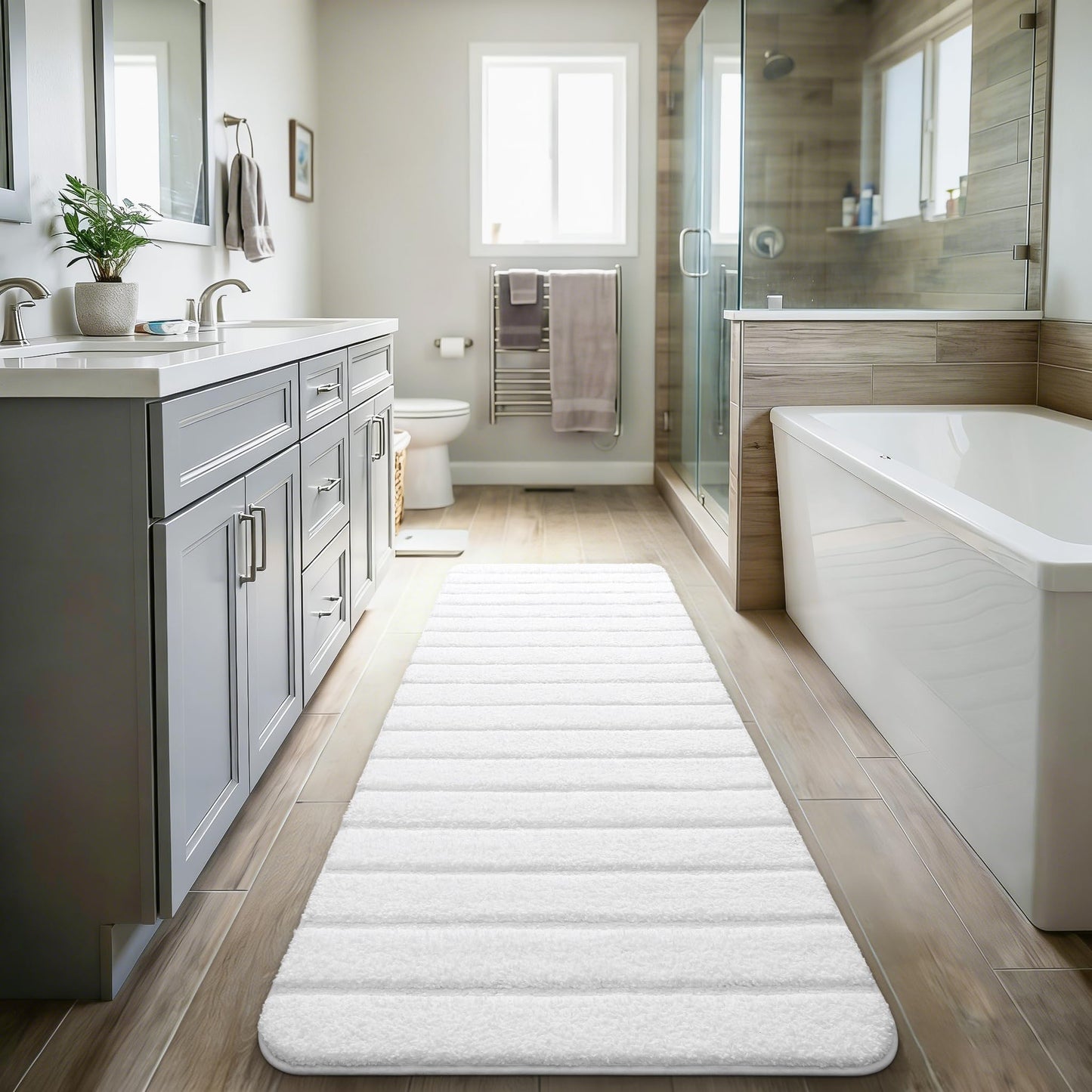 LOCHAS Long Bathroom Rugs Runner, 24" x 60" Large Bath Rug Non Slip Washable, Absorbent Microfiber Bath Mat Luxury Soft, Cozy Bathroom Runner Rug for Shower Quick Dry, White