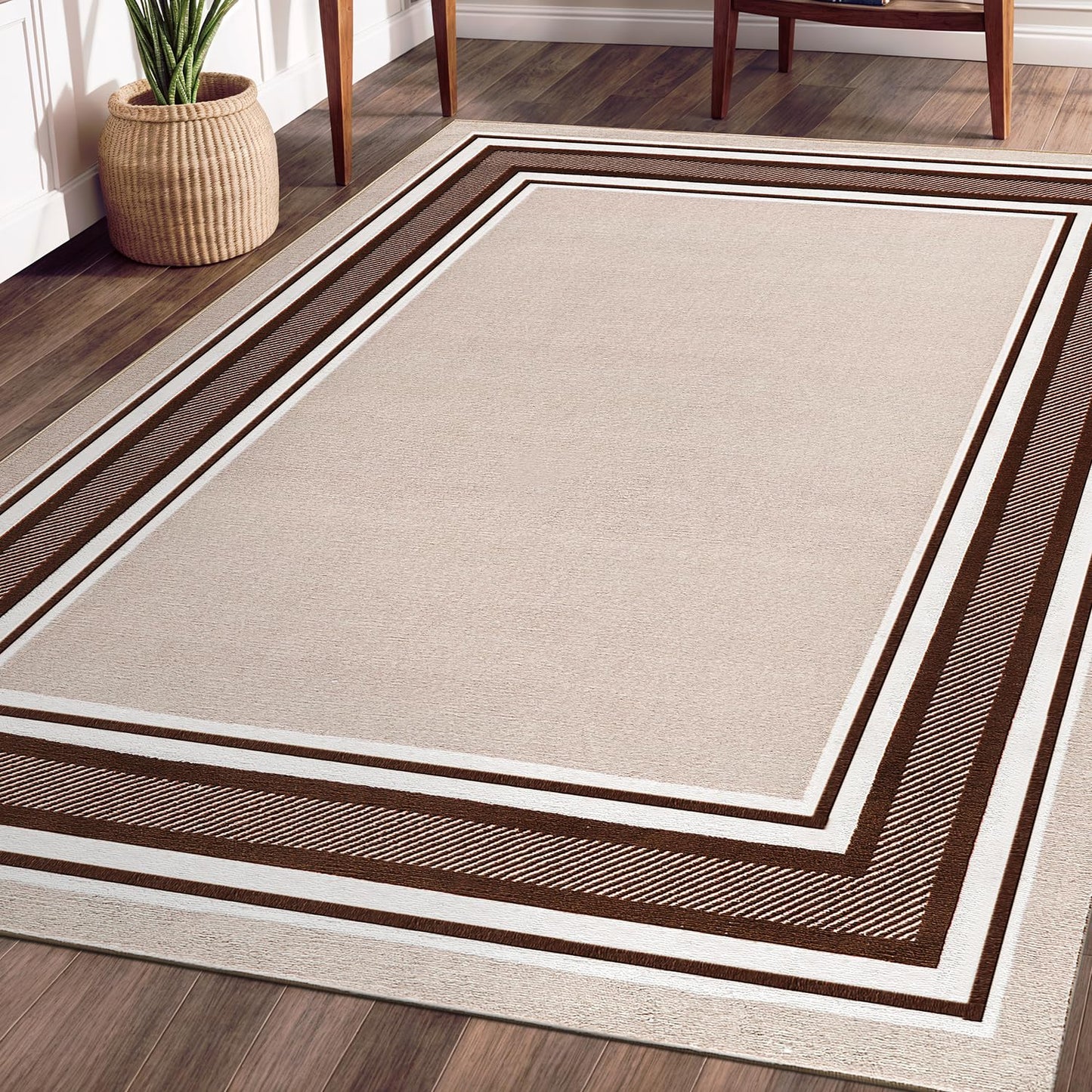 Beverly Rug Non Slip Area Rugs 5x7 Modern Bordered Non Skid Rubber Backing Soft Area Rug for Living Dining Room Easy to Clean Non Shedding Kitchen Bedroom Indoor Carpet 5 x 7 Beige-Brown