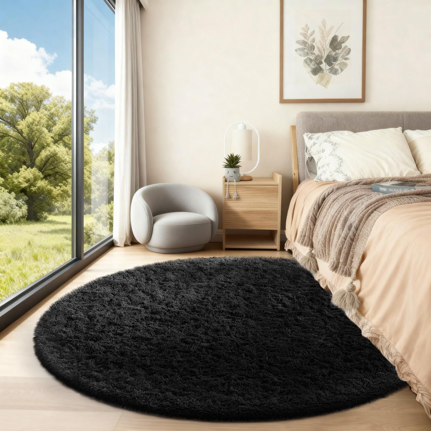 Ophanie Round Rug 5Ft Black Circle Area Rug, Room Decor for Men, Fluffy Fuzzy Bedroom Carpet, Plush Soft Shaggy Living Room Rugs for Kids Home Aesthetic, Nursery with Over 99 pcs Pile fibers