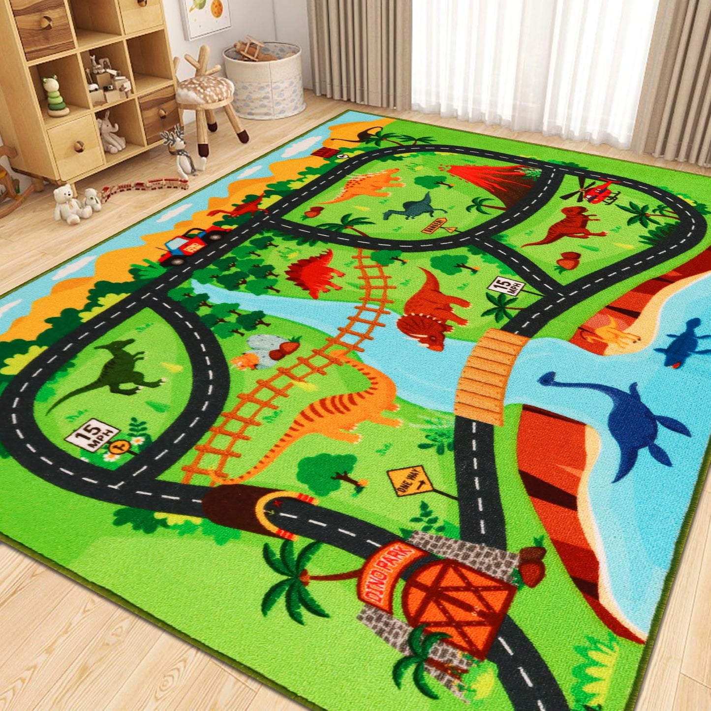 Kids Car Rug,6'7" x 9'10" Dinosaur Car Carpet for Kids Toy Cars,Non Slip Dino Safari Road Map Kid Rug for Playroom Bedroom Boys,Kids Play Mat Road Rugs,Track Rug Car Play Carpet for Kid