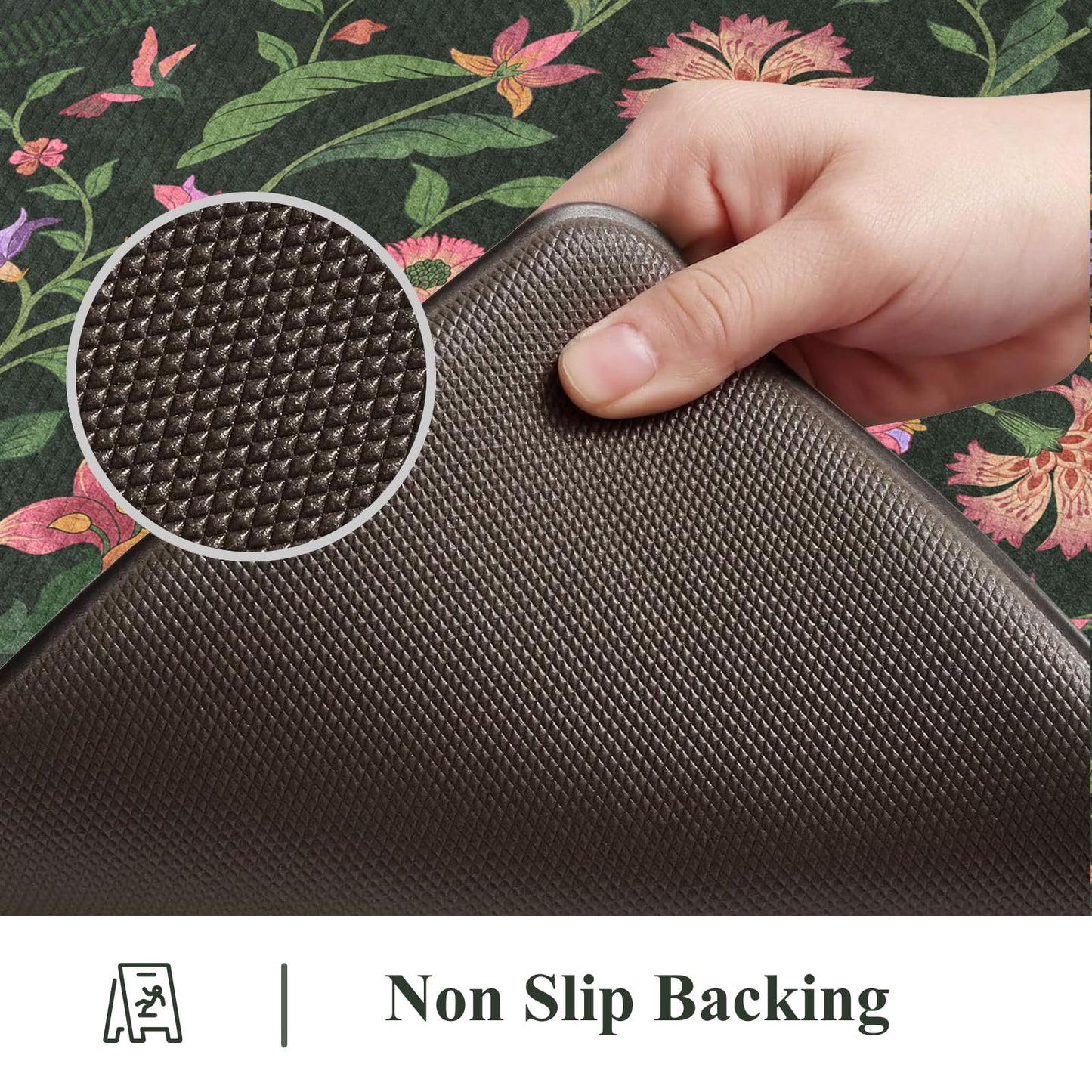 Collive Kitchen Mats for Floor, Cushioned Anti Fatigue Mat Green Floral Rugs 2 Piece Non Skid Waterproof Sink Rug, Memory Foam Comfort Standing Mat for Office, Laundry, Desk, 17.3"x29"+17.3"x47"