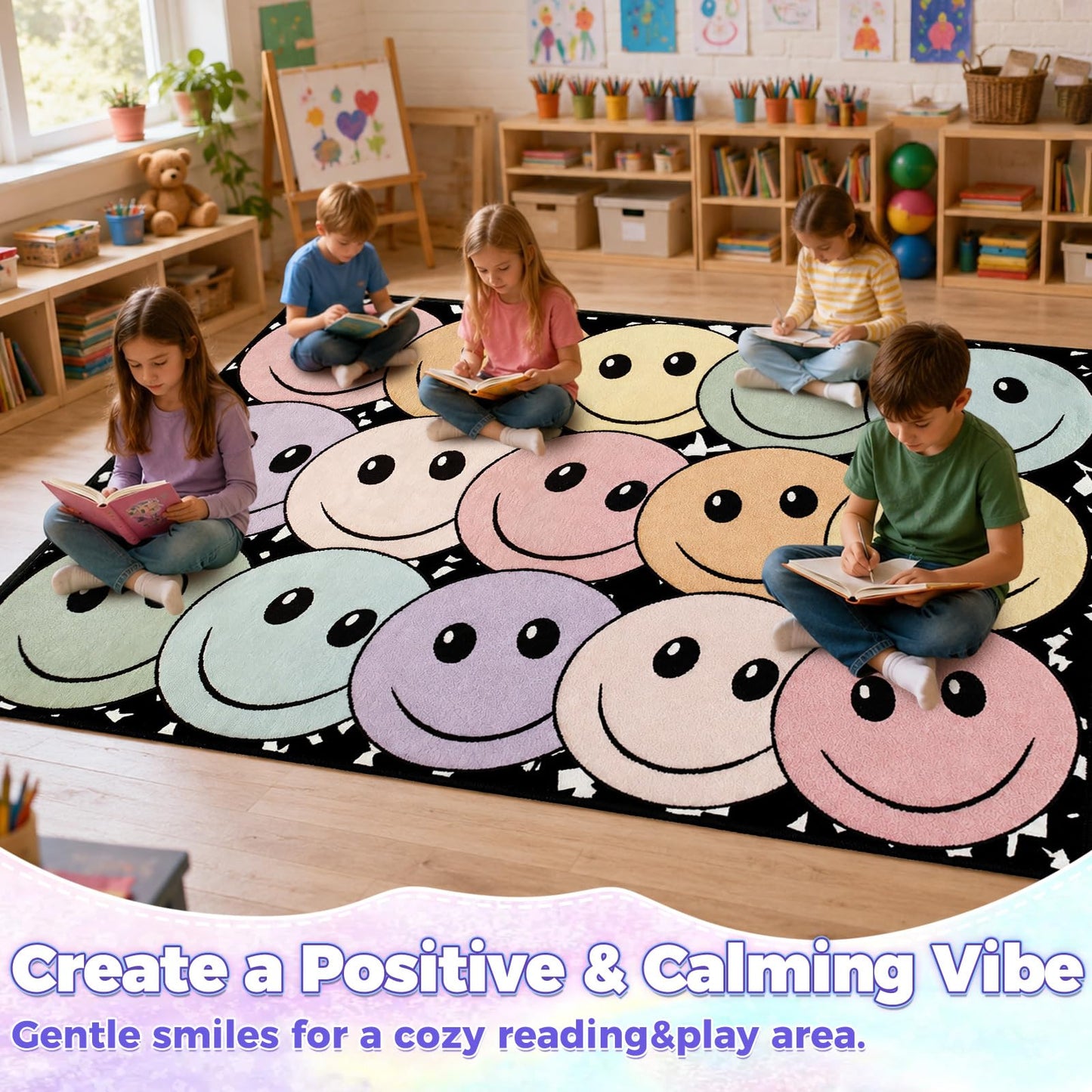 5' x 7' Composition Notebook Classroom Rug Pastel Smiley Face Seating Carpet for Kids, Washable Non-Slip Educational Area Rugs Large Soft Play Mat for Kindergarten Nursery Playroom Decor