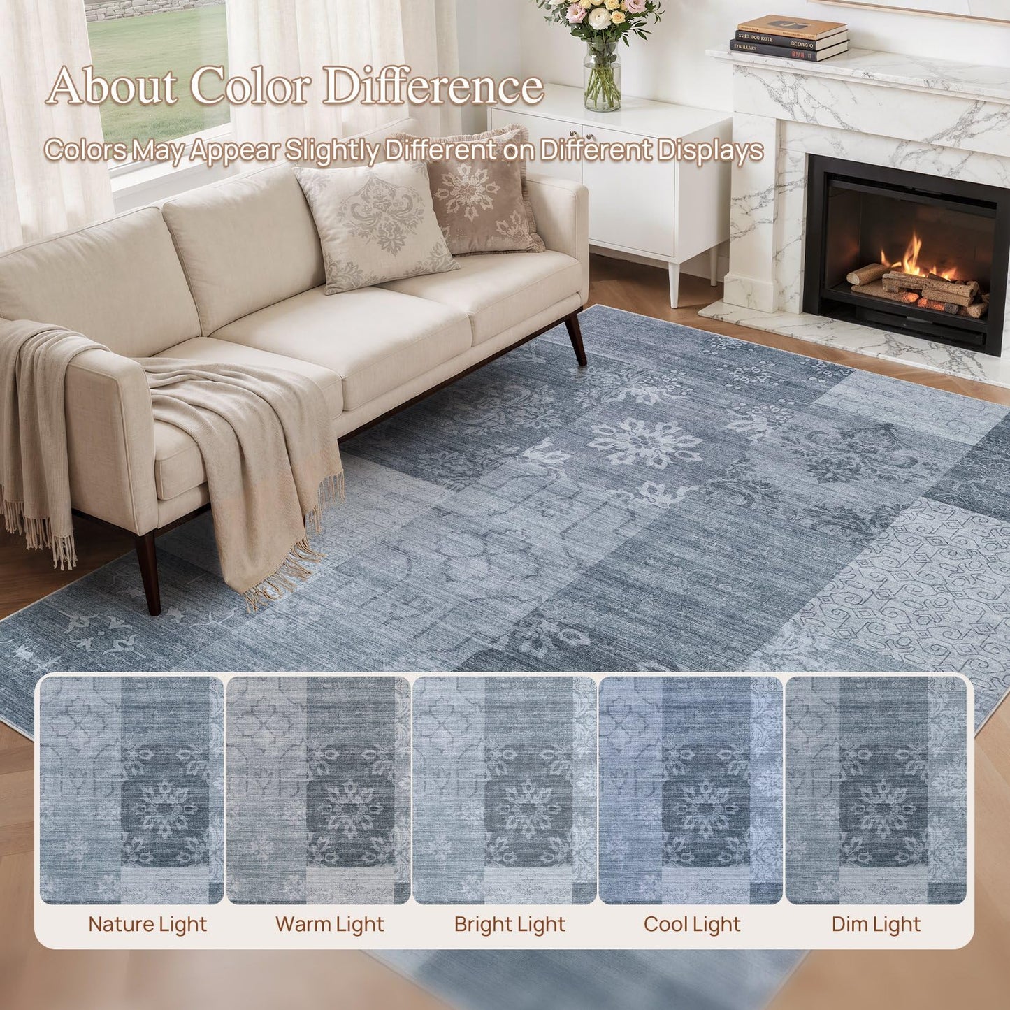 UERMEI 8x10 Area Rug Washable, Blue Modern Geometric Rugs for Living Room, Non-Slip Patchwork Carpet, Stain Resistant Low-Pile Foldable Rug for Bedroom Dining Room