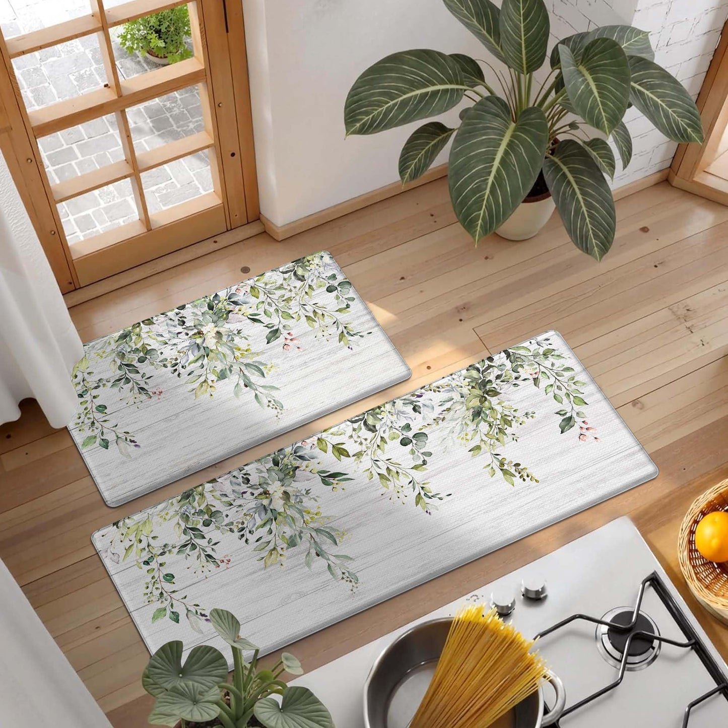Zussun Kitchen Rug Mats for Floor Cushioned Anti Fatigue Green Eucalyptus Kitchen Rugs Sets of 2 Farmhouse Non Slip Waterproof Comfort Memory Foam Standing Floor Mat for Office Laundry Sink Desk