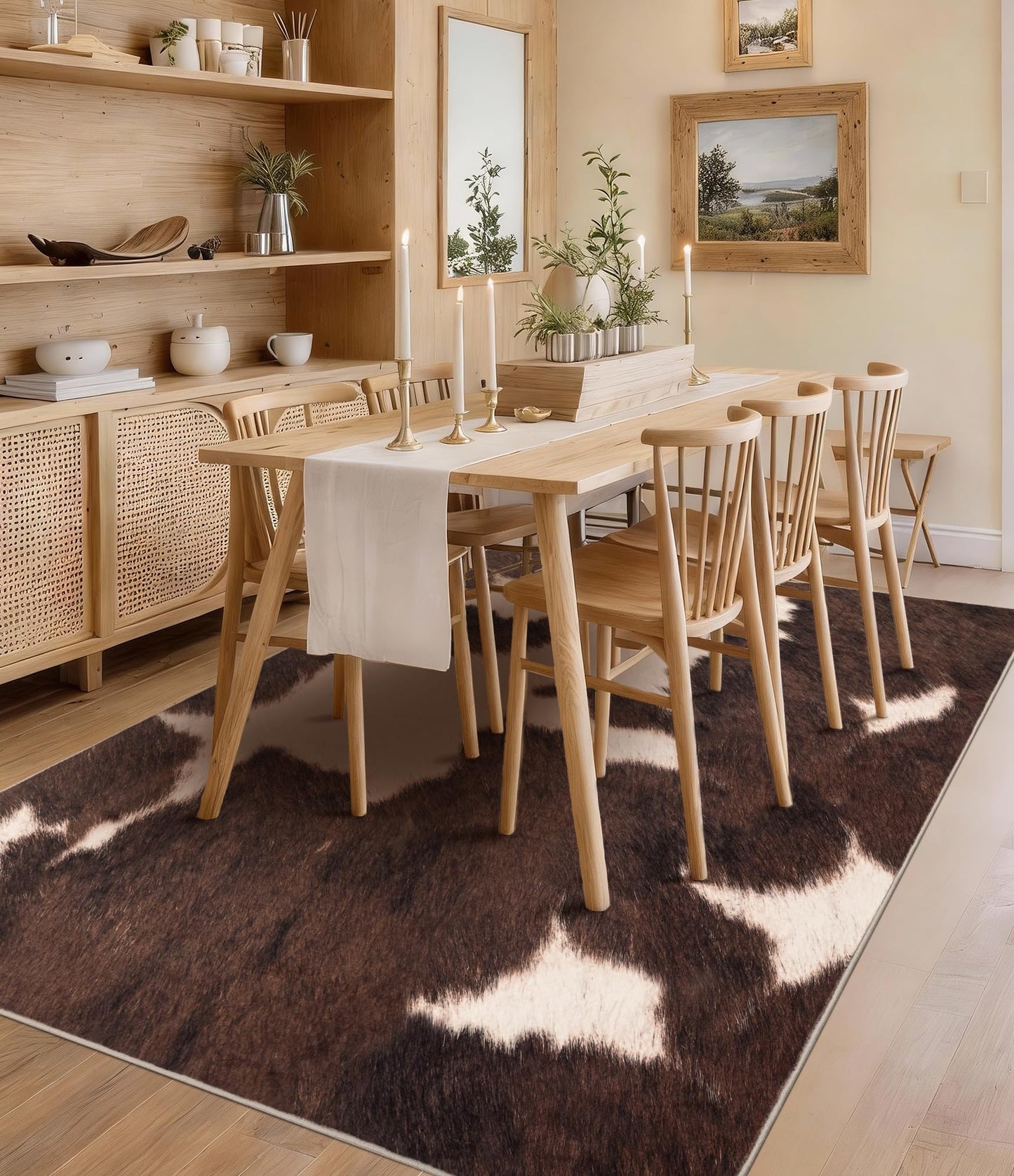 YIHOUSE Cowhide 5x7 Area Rug, Brown Cow Rugs for Living Room, Soft Low-Pile Washable Rug, Western Rustic Faux Animal Print Rugs for Bedroom, Dining Room