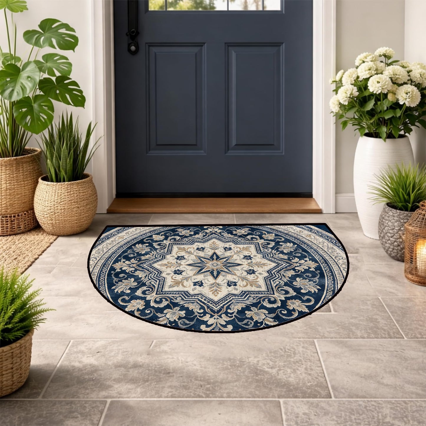 NYZE Semi Circle Door Mat Half Round Welcome Mat Non Slip Low-Pile Absorbent Half Circle Entryway Rug for Bathroom Bedroom Laundry Room(Mandala, 24"×36")