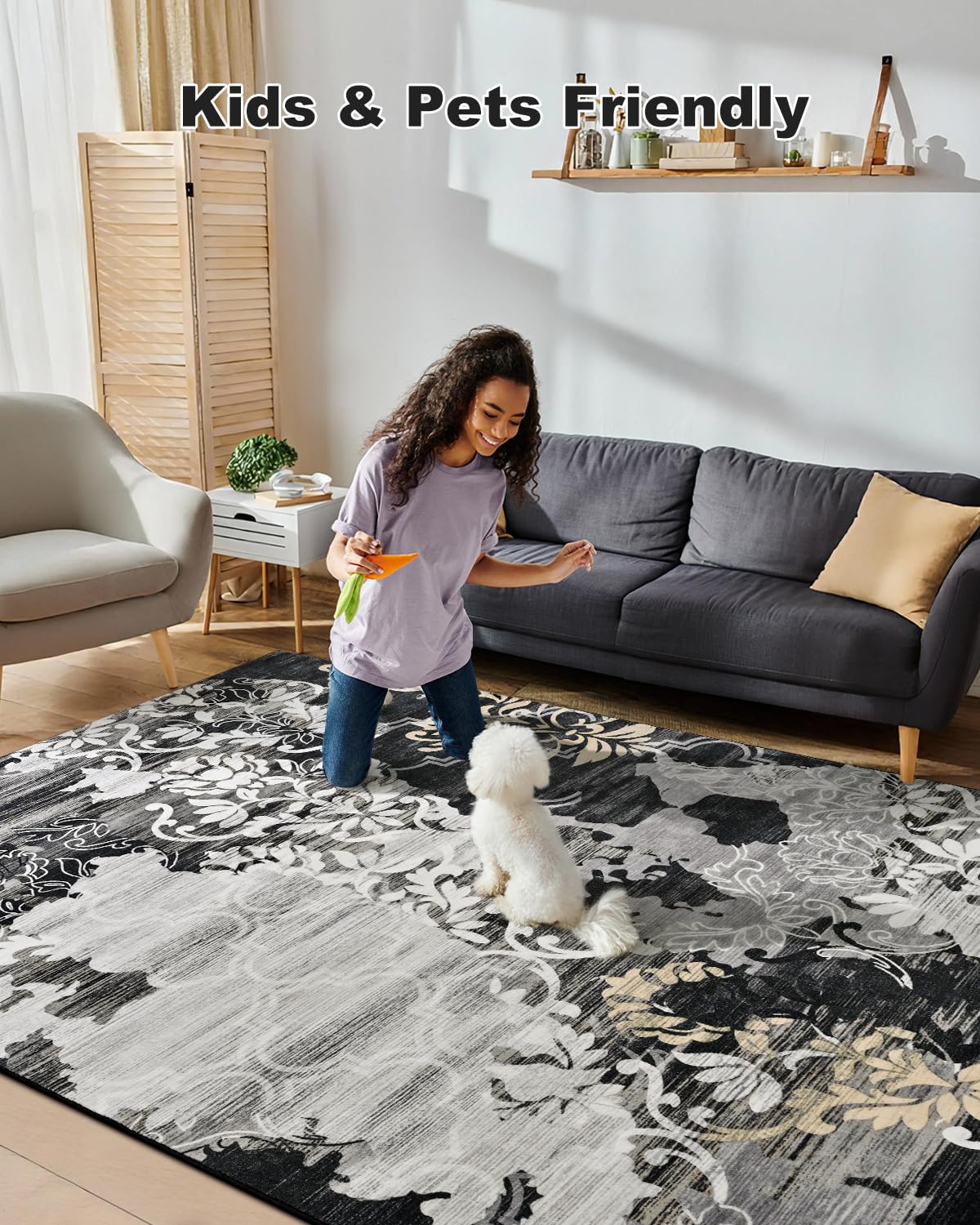 Washable Abstract Rug, 5x7 Black Floral Area Rugs with Non-Slip Rubber Backed for Bedroom, Low Pile Modern Throw Carpet Kitchen Living Room Decor