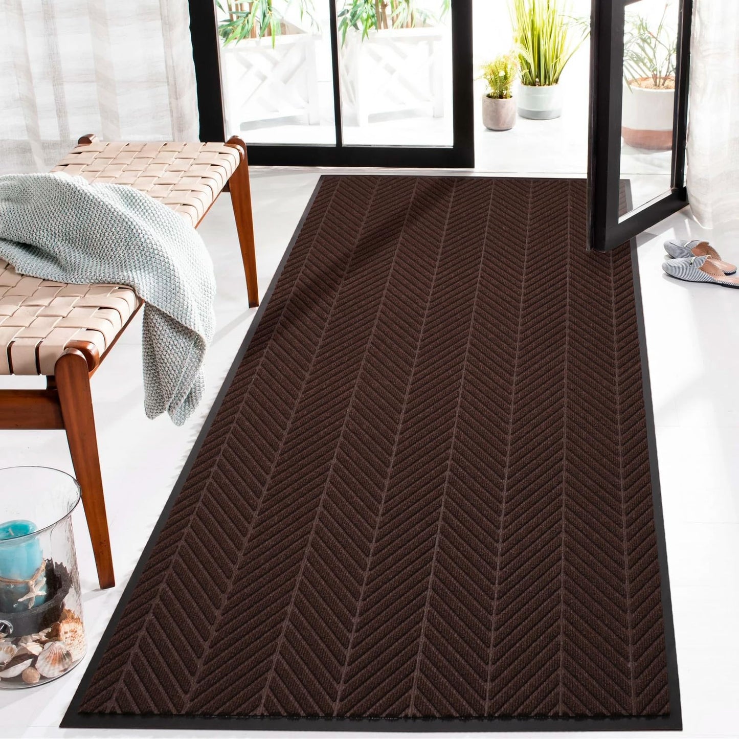 2′ x 6′ Heavy Duty Front Door Mat Indoor Outdoor Entrance, Easy Clean Non-Slip All Weather Commercial Floor Mat for Entryway, No Curling Waterproof Vinyl Welcome Mat (Dark Brown)