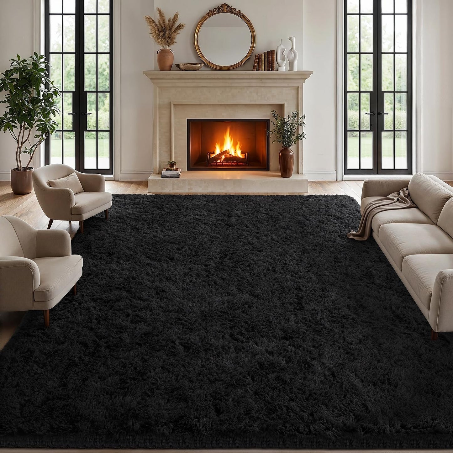 Area Rugs 9x12 Living Room Bedroom: Soft Fluffy Shag Rugs Upgrade Non-Slip High Pile Carpet Large Fuzzy Plush Indoor Floor Shaggy Carpets for Nursery Kid Playroom Office Dorms Home Decor Black