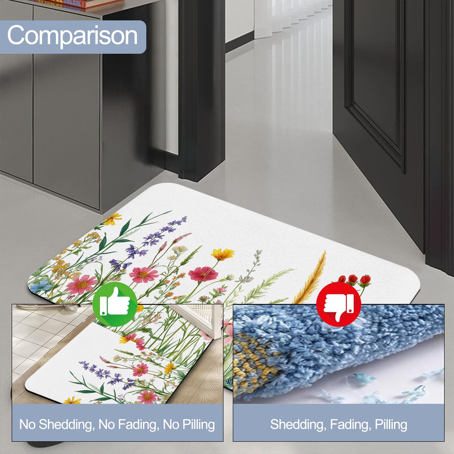 GYYGOO Bath Mats for Bathroom,Spring Wildflower Bathroom Rugs,Rustic Garden Floral Diatomaceous Bath Rug Quick Dry, Non Slip Super Absorbent Low Profile Doormat for Home Kitchen Patio 17 X 29.5 Inch