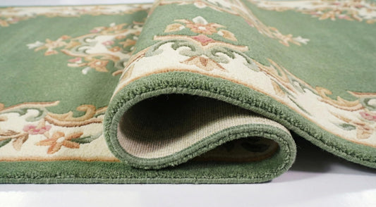 Alvora Looms Handmade Aubusson Modern Wool Rug (Green Ivory) – Vintage French Floral Medallion Carpet, Traditional Elegant Area Rug | Size- 5 Round