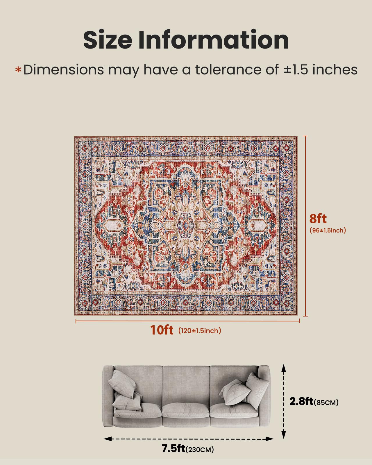 AMADA HOMEFURNISHING 8x10 Washable Area Rug, Low-Profile Large Area Rug with Non-Slip Backing & Durable Edge Binding, Vintage Large Rugs for Living Room, Bedroom, Dinning Room