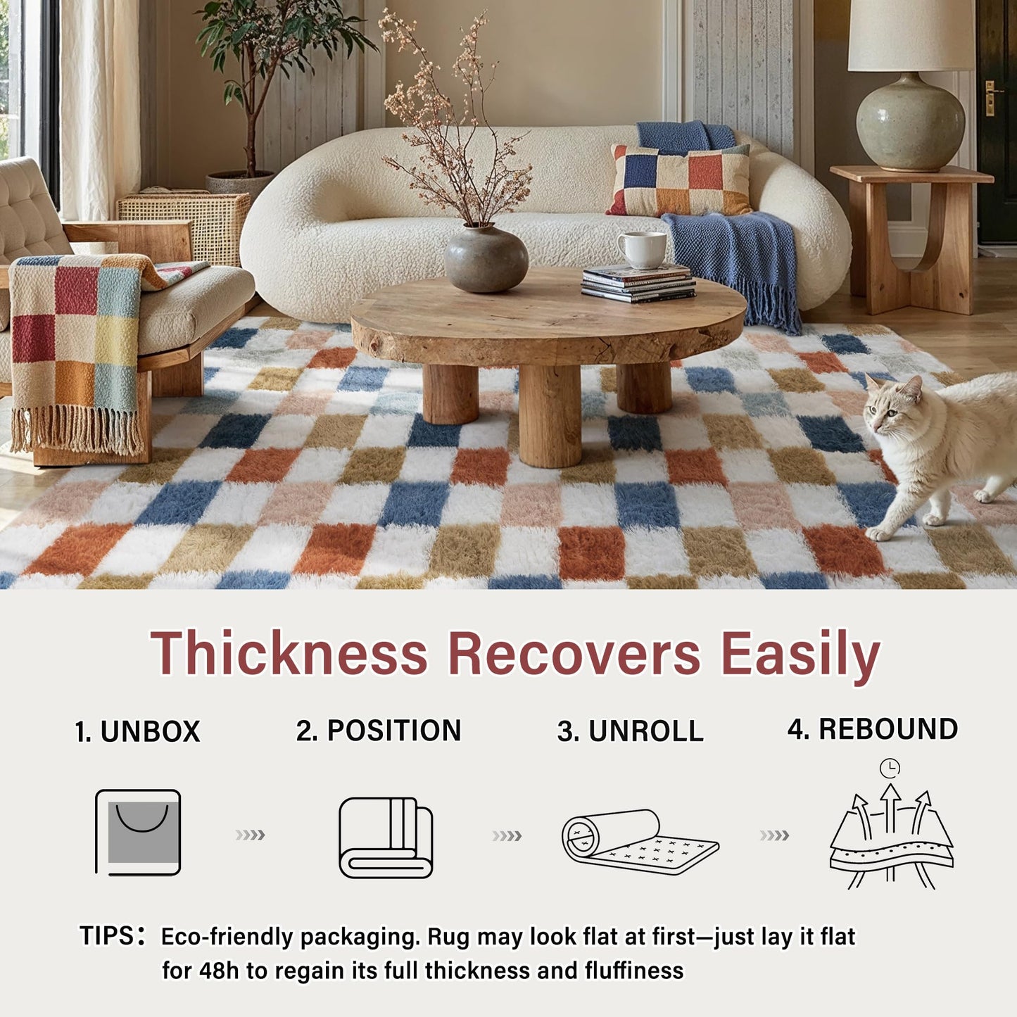 PureCozy Checkered Rug 6x9 for Living Room, Modern Rainbown Shag Rug Washable Non-Slip Large Area Rug Super Soft Indoor Fuzzy Carpet Fluffy Rugs for Bedroom Home Aesthetic Decor