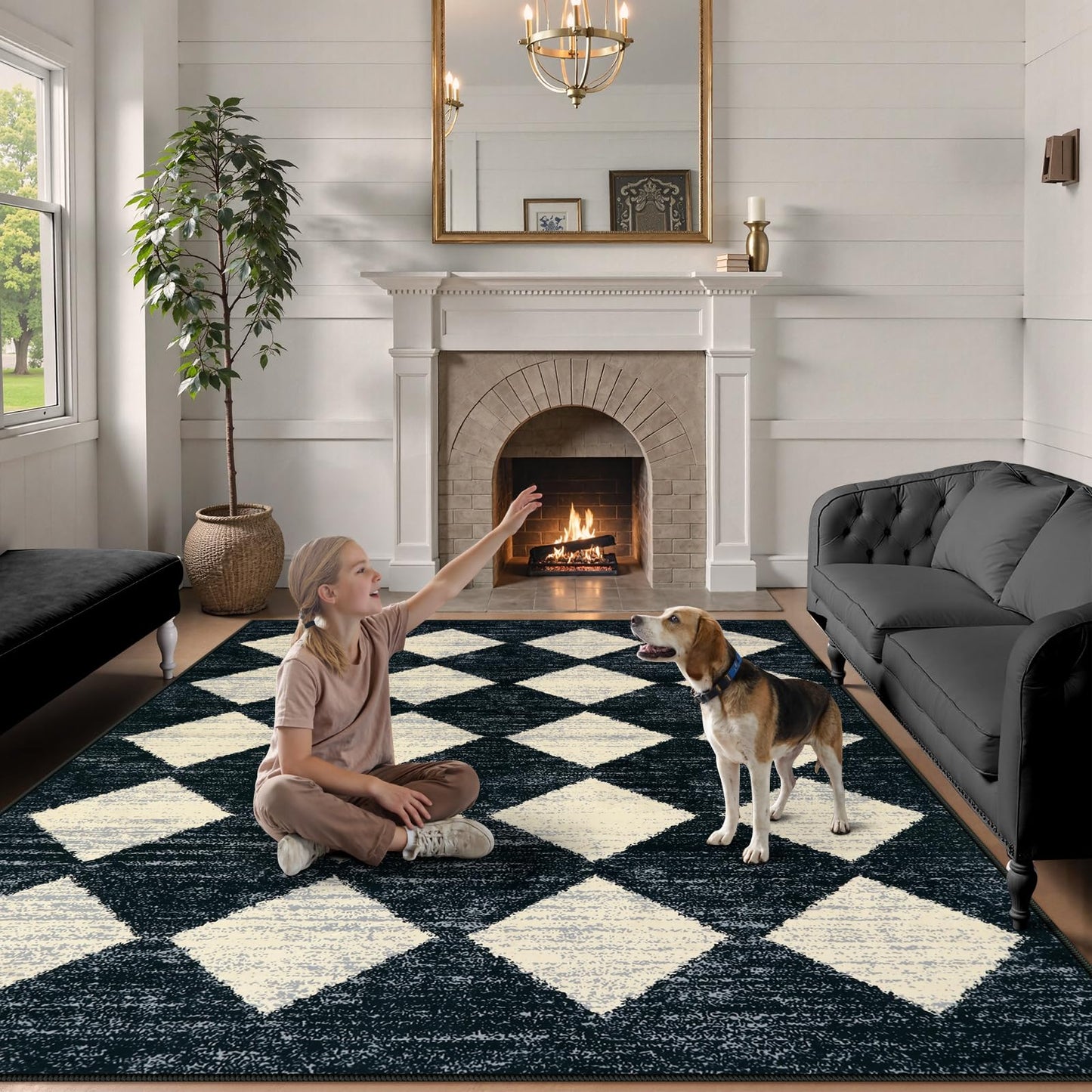 Lahome Zelie Moroccan Trellis Area Rug - 3x5 Washable Black Entry Rug Non Slip Living Room Mat, Distressed Lattice Soft Stain Resistance Indoor Throw Carpet for Front Door Foyer Bedroom Bathroom