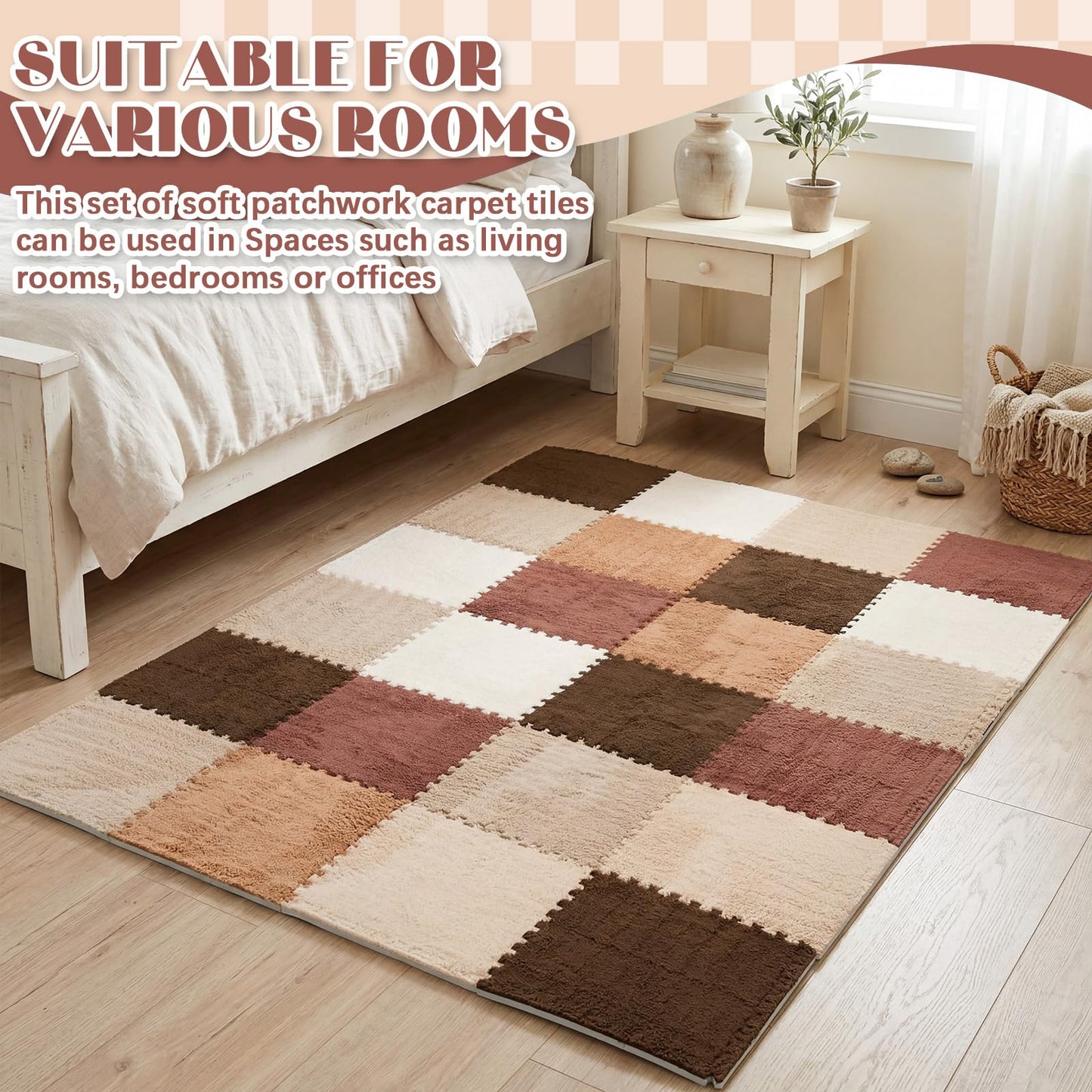 Tinideya 18 Pcs Plush Interlocking Carpet Tiles, 12 x 12 x 0.4 Inch EVA Foam Puzzle Mat Squares, Soft Washable Anti Slip Floor Mat for Bedroom, Nursery, Playroom, Living Room, Farmhouse Colors