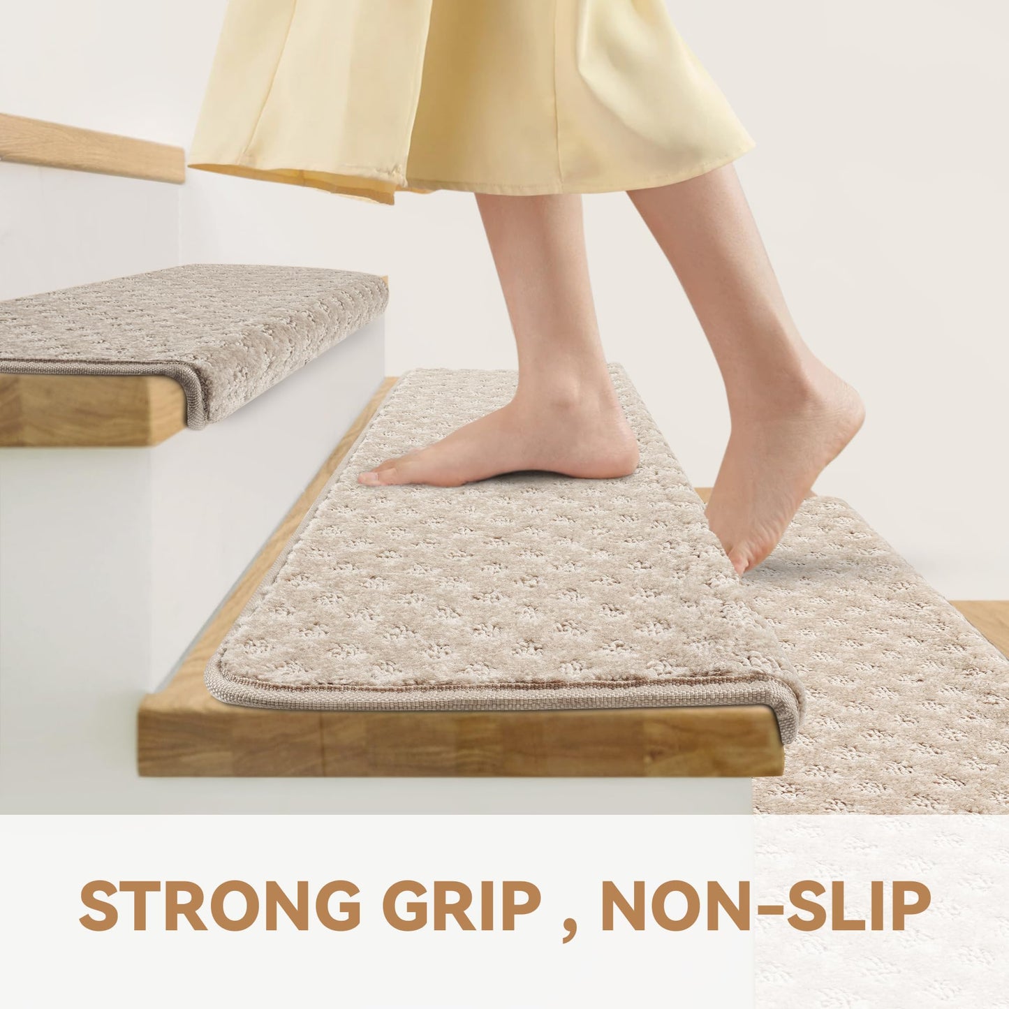 Bullnose Stair Treads Non Slip 9.5" x 32", 14 Pcs Carpet Stair Treads for Wooden Steps Indoor with Edge Protection, Reusable Peel and Stick TPU Backing Stair Runner Rugs - Lattice Pattern Beige Grey