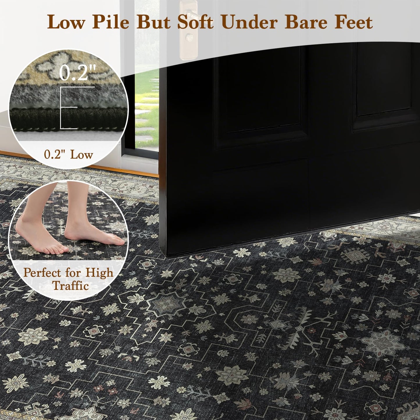LBRO2M Black Washable Rugs 8X10 for Living Room Bedroom Office Farmhouse Non Slip Vintage Area Rugs Easy Clean, Stain Resistant Carpet Low Piles Great for Pets and Family (8'X10' Charcoal Black)