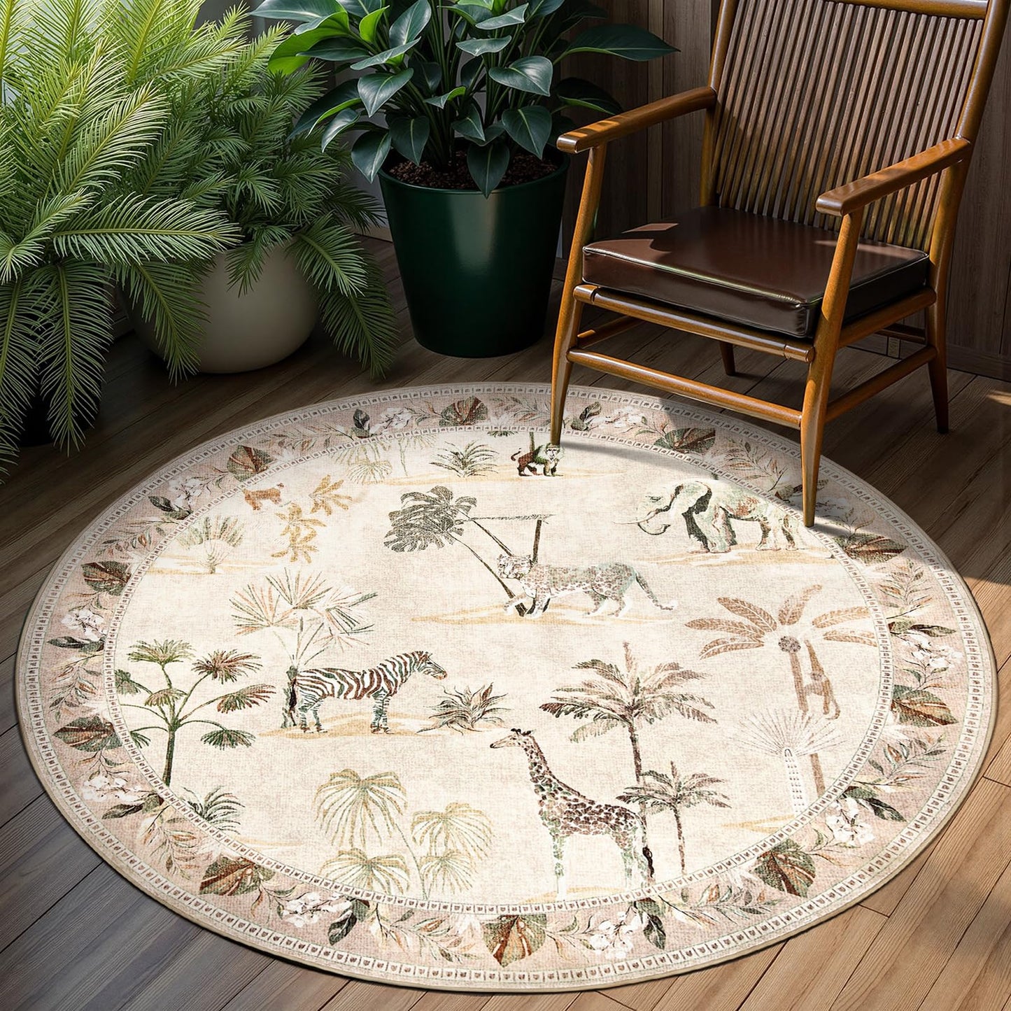 jinchan Round Rug 5ft Beige Jungle Animals Print, Machine Washable 5' Circle Modern Soft Non-Slip Forest Plant Throw Area Rug, Ultra-Thin Low Pile Carpet for Entryway Bedroom Kitchen Kids Room