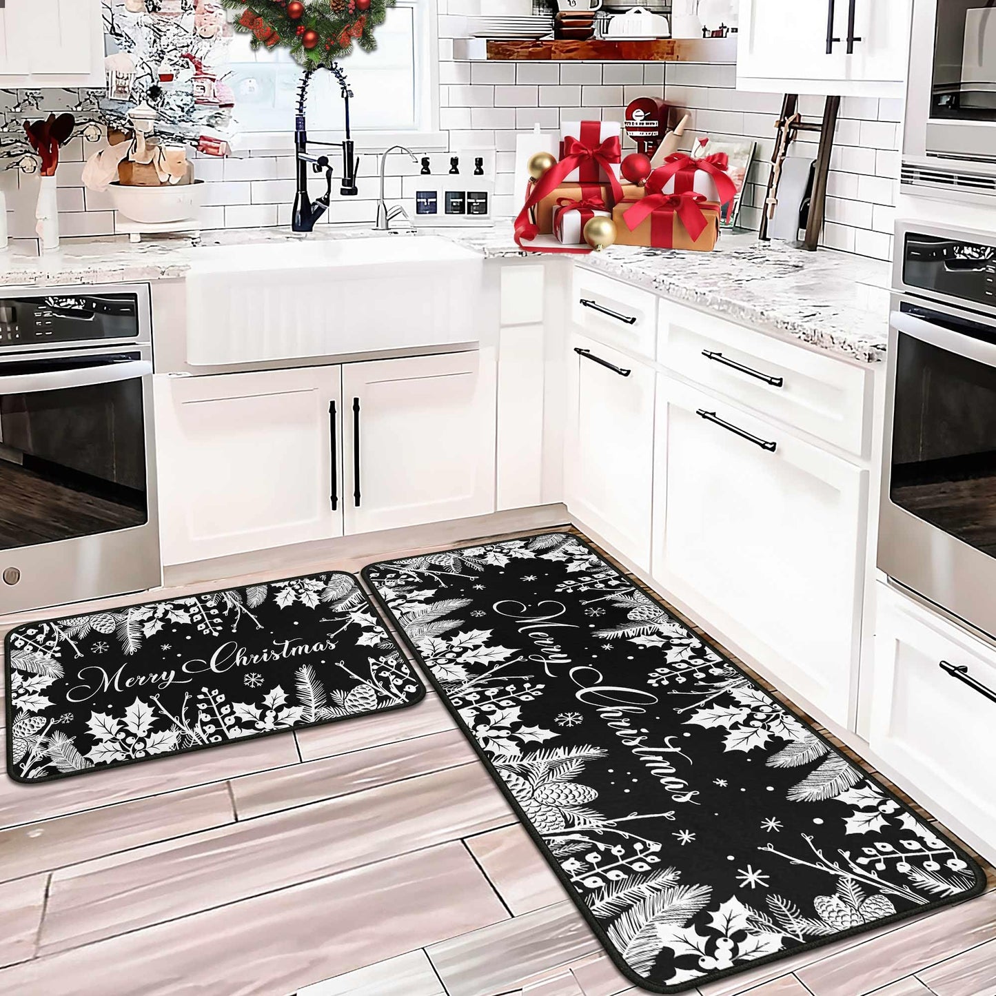 Christmas Kitchen Mats Set of 2, Black Christmas Decorations for Home, Holly Pine Branches Pinecones Kitchen Rugs Non-Slip Backing Winter Floor Mat Xmas Decor Washable Runner Rug 17"x47.2"+17"x30"