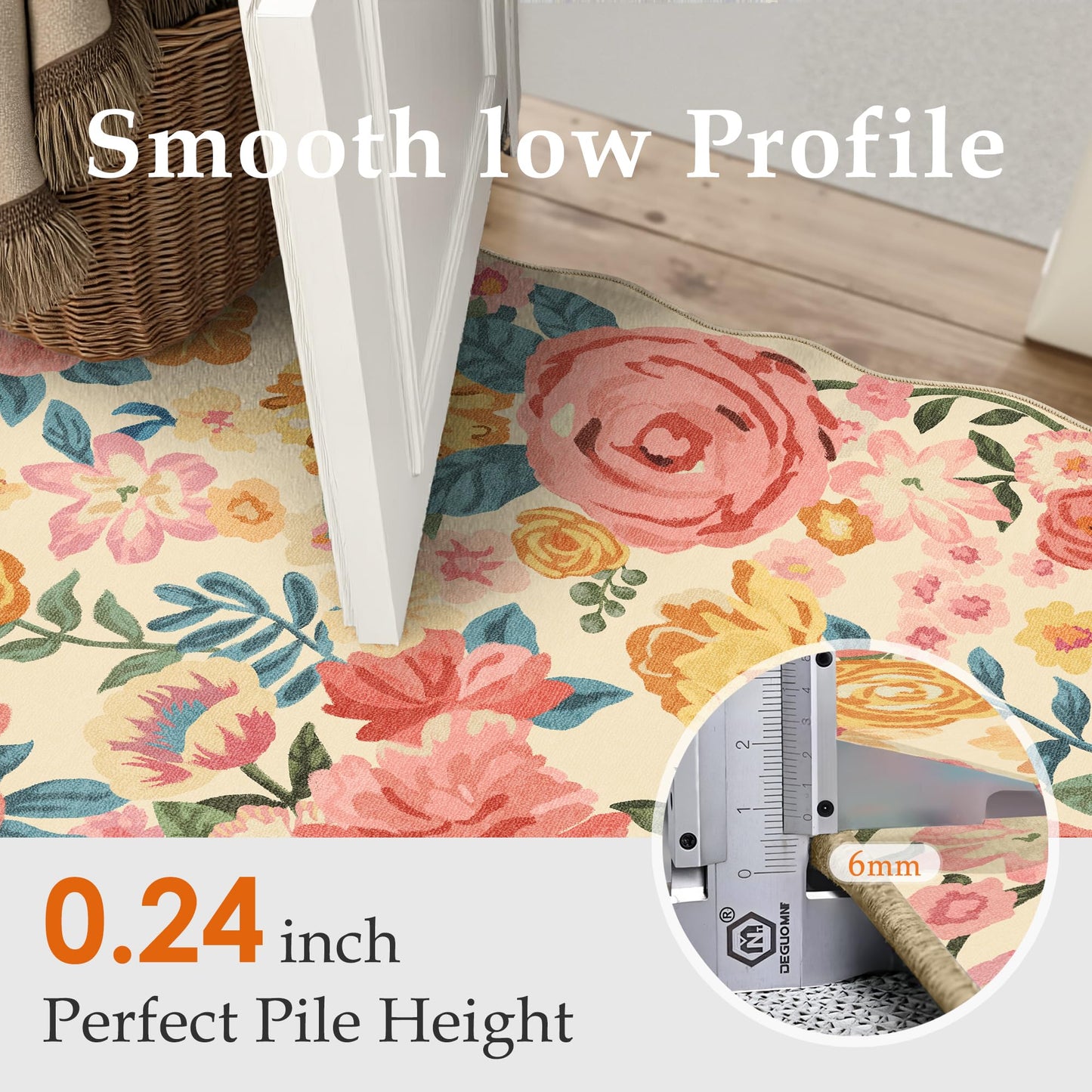 PureCozy Washable Floral Area Rug 5x7 Beige Living Room Carpet Scalloped Flower Non Slip Soft Bedroom Rug Farmhouse Low Pile Thin Indoor Floor Cover for Office Dining Room Kitchen Bathroom