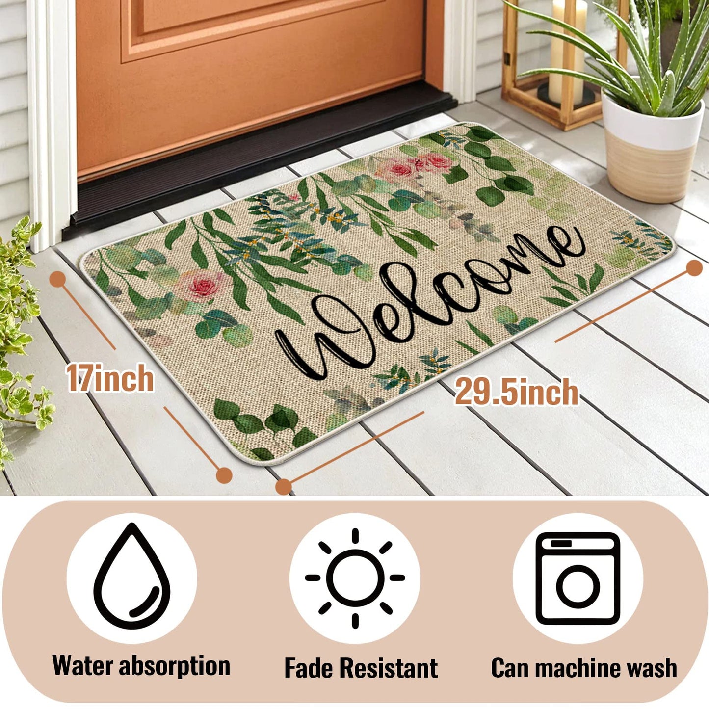 ORTIGIA Welcome Doormat Summer Eucalyptus Leaves Floral Doormat Outdoor Outside Indoor Entrance Mat Non-Slip Durable Absorbent Easy Clean Entryway 17x29 Inch