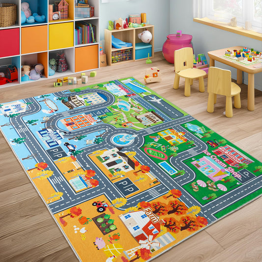 Car Rug for Kids Toy Cars, Town City Track Road Carpet Playmat with Non-Silp Backing, Traffic Playmat for Road Washable Rugs Four Seasons Theme Traffic Mat for Kids Room Bedroom Game Safe Area, 3'x4'