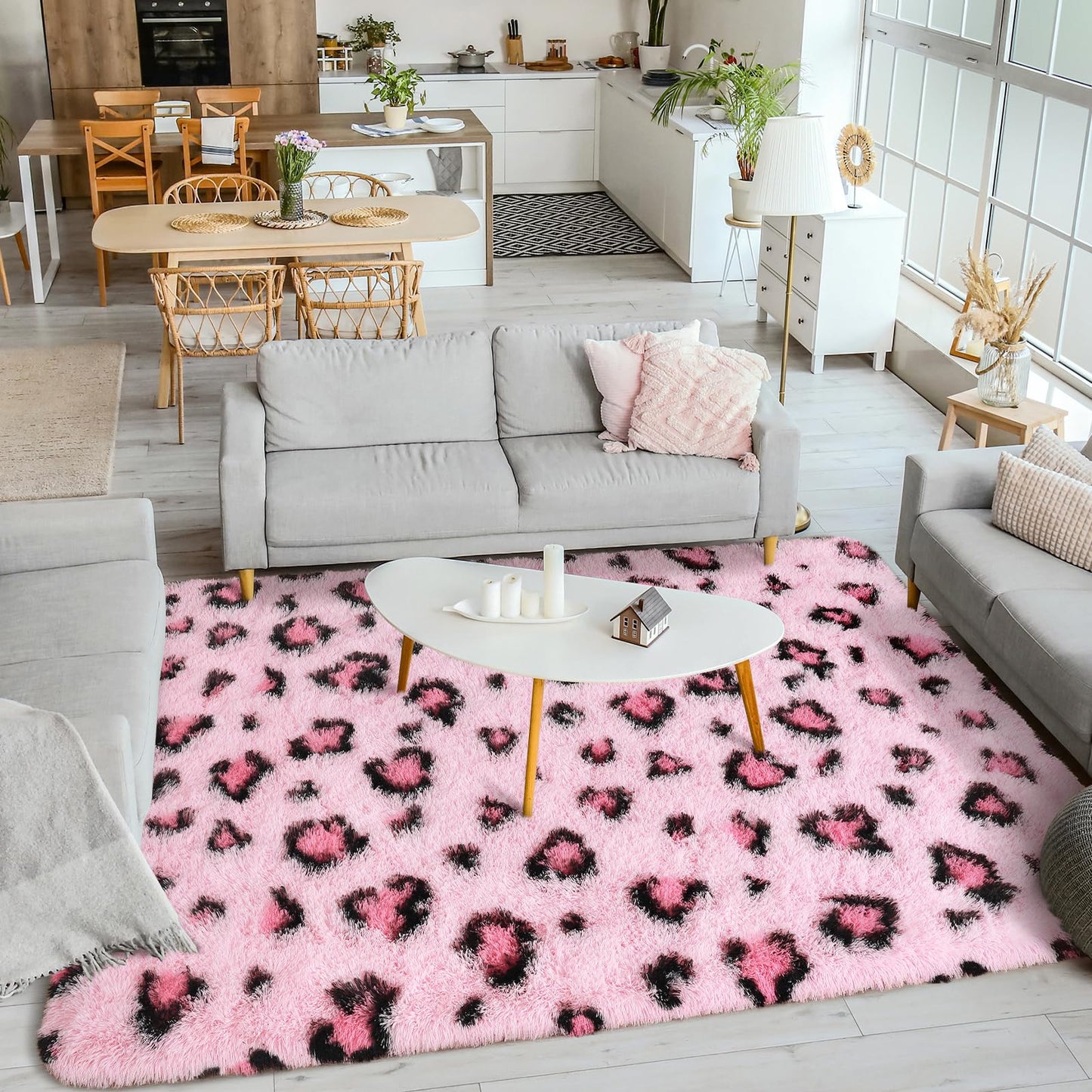 Living Room Area Rug - 5x8 Kids Room Fluffy Bedroom Pink Leopard/Cheetah Print Faux Fur Washable Carpet