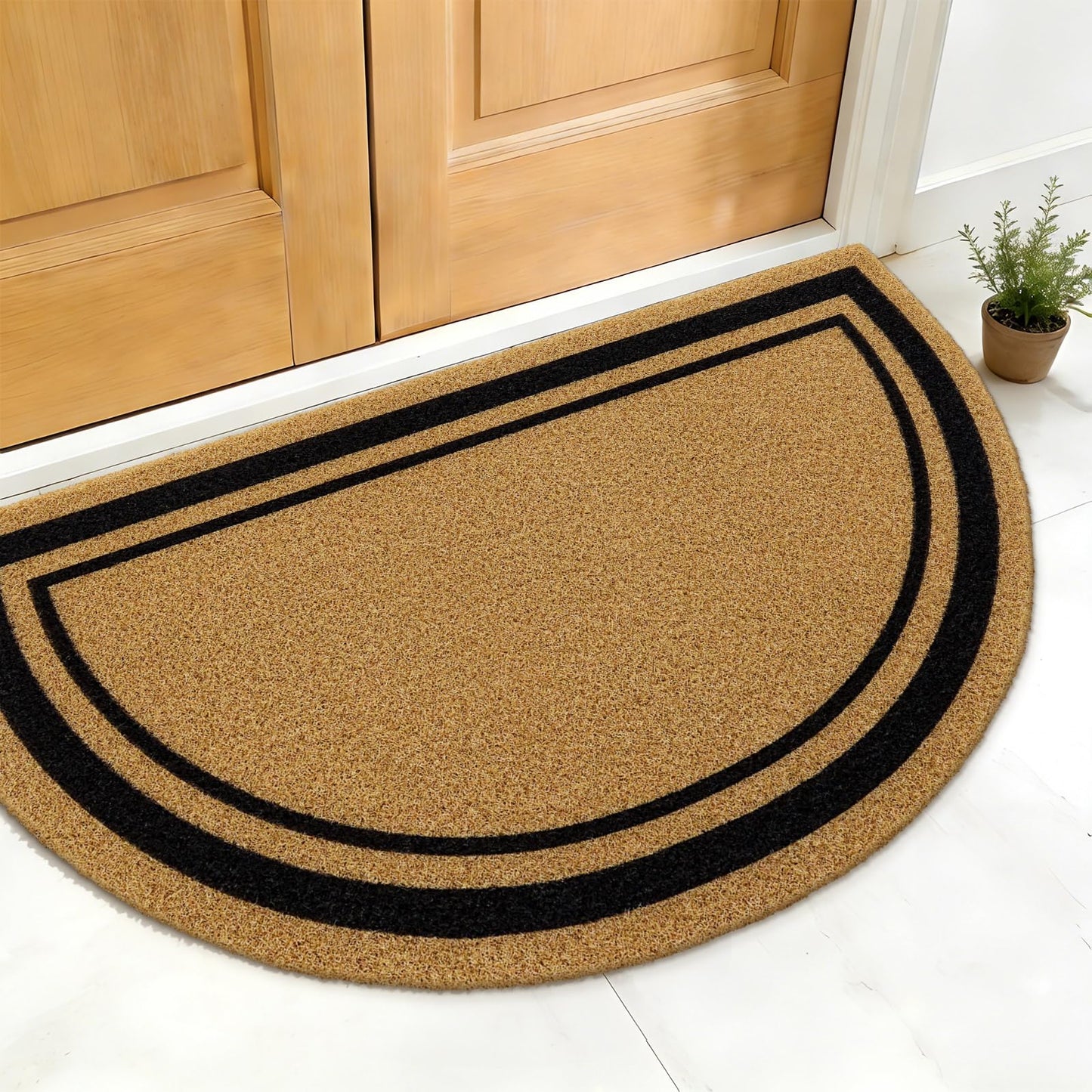 OLANLY Half Circle Front Door Mat, Low Profile Doormat, Stain and Fade Resistant, Easy to Clean, for Indoor and Outdoor Entrances, Patio Porch or Entryway, Brown (30x17 Inch, Classic Border)
