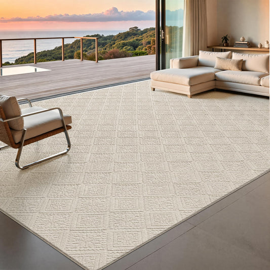 U'Artlines 9x12 Beige Washable Area Rug for Living Room, Soft Fluffy High Low Textured Carpet, Modern Neutral Geometric Non Slip Rugs for Bedroom Dining Room Kids Room