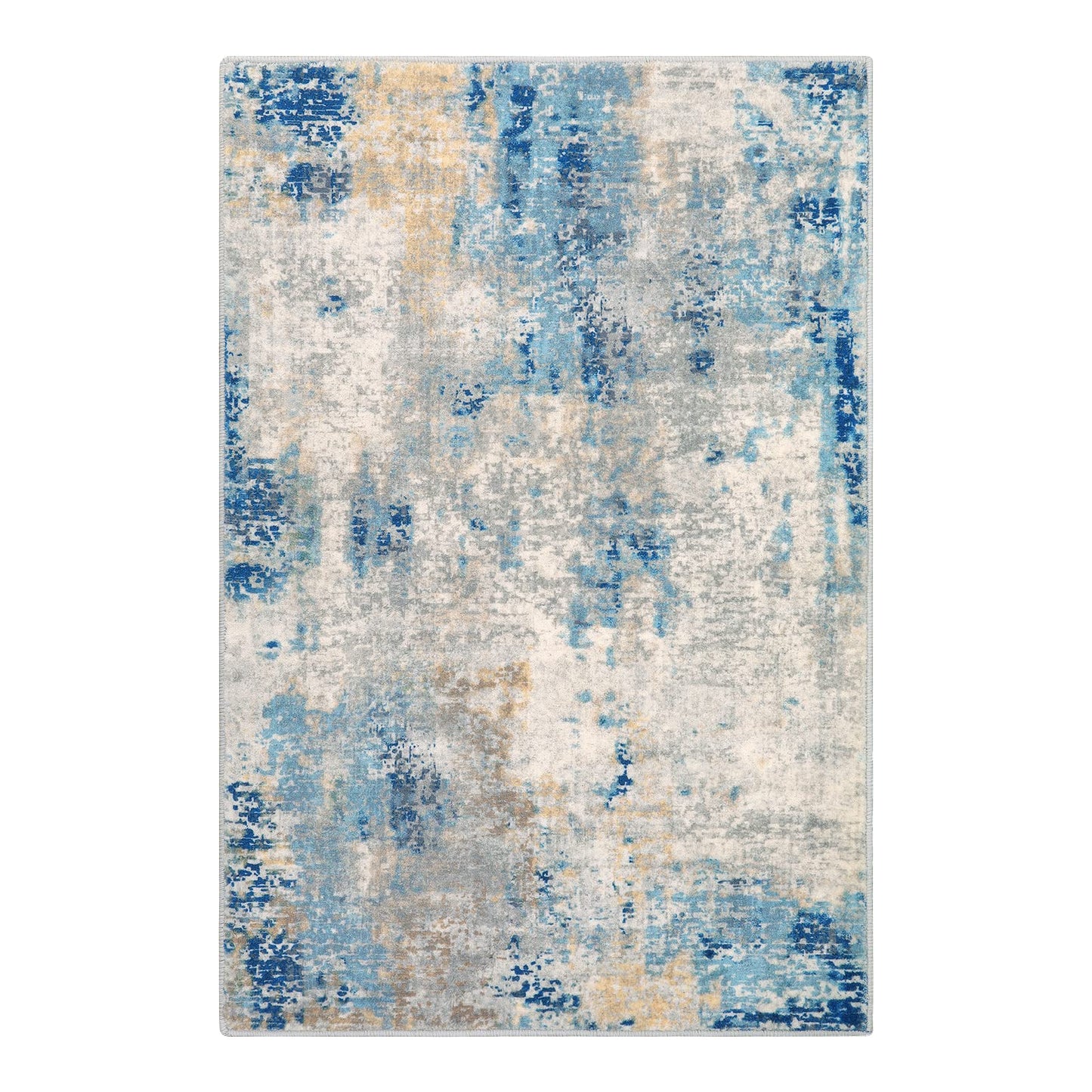 Lahome Modern Abstract Kitchen Rug - 2x3 Washable Small Front Doormat Soft Throw Rugs for Entryway Non-Slip, Contemporary Faux Wool Floor Indoor Carpet for Bathroom, Blue/Yellow/Ivory