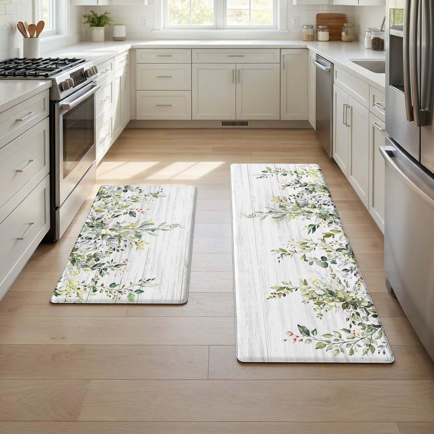 Zussun Kitchen Rug Mats for Floor Cushioned Anti Fatigue Green Eucalyptus Kitchen Rugs Sets of 2 Farmhouse Non Slip Waterproof Comfort Memory Foam Standing Floor Mat for Office Laundry Sink Desk
